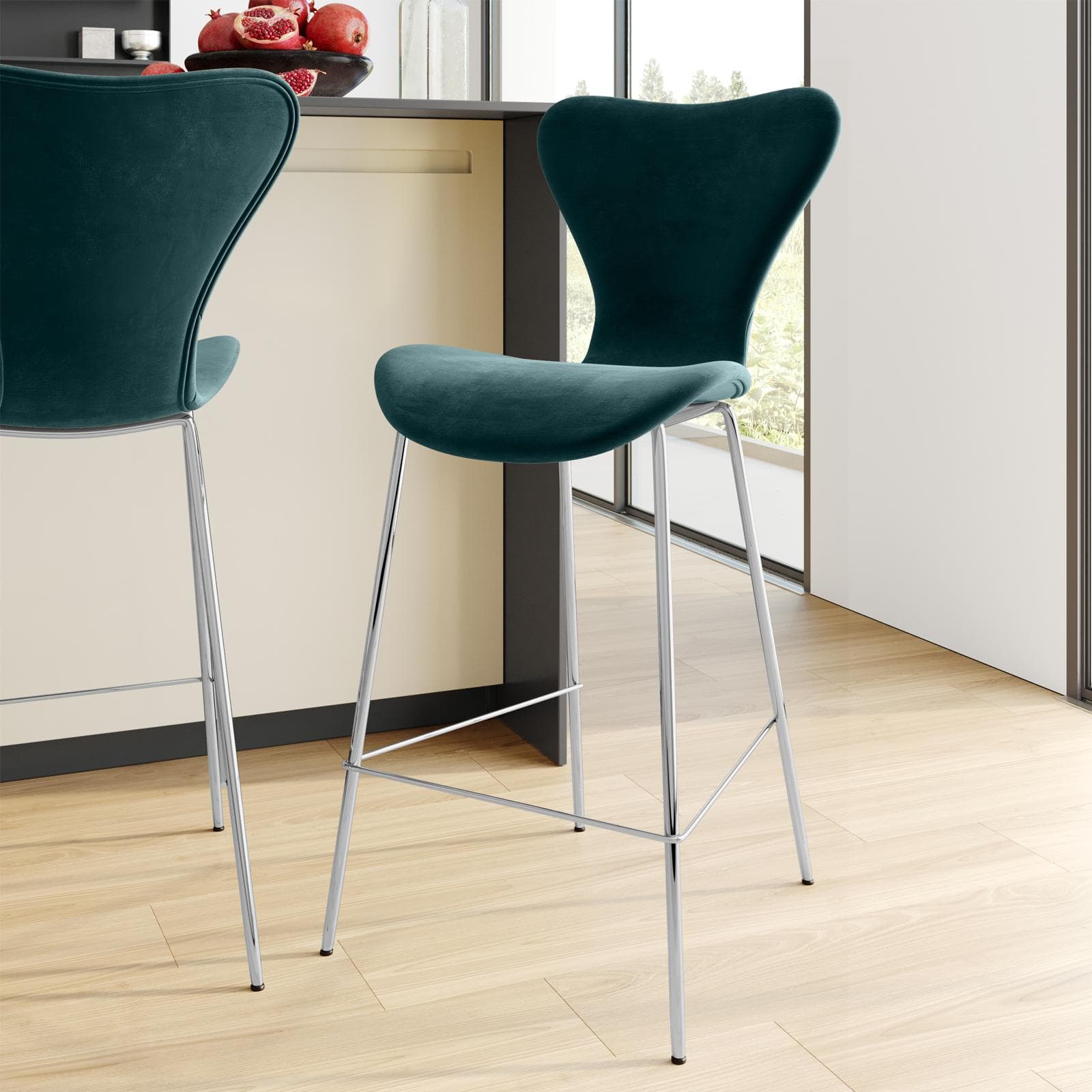 Sgabello velluto verde bosco con gambe cromo - Dolly