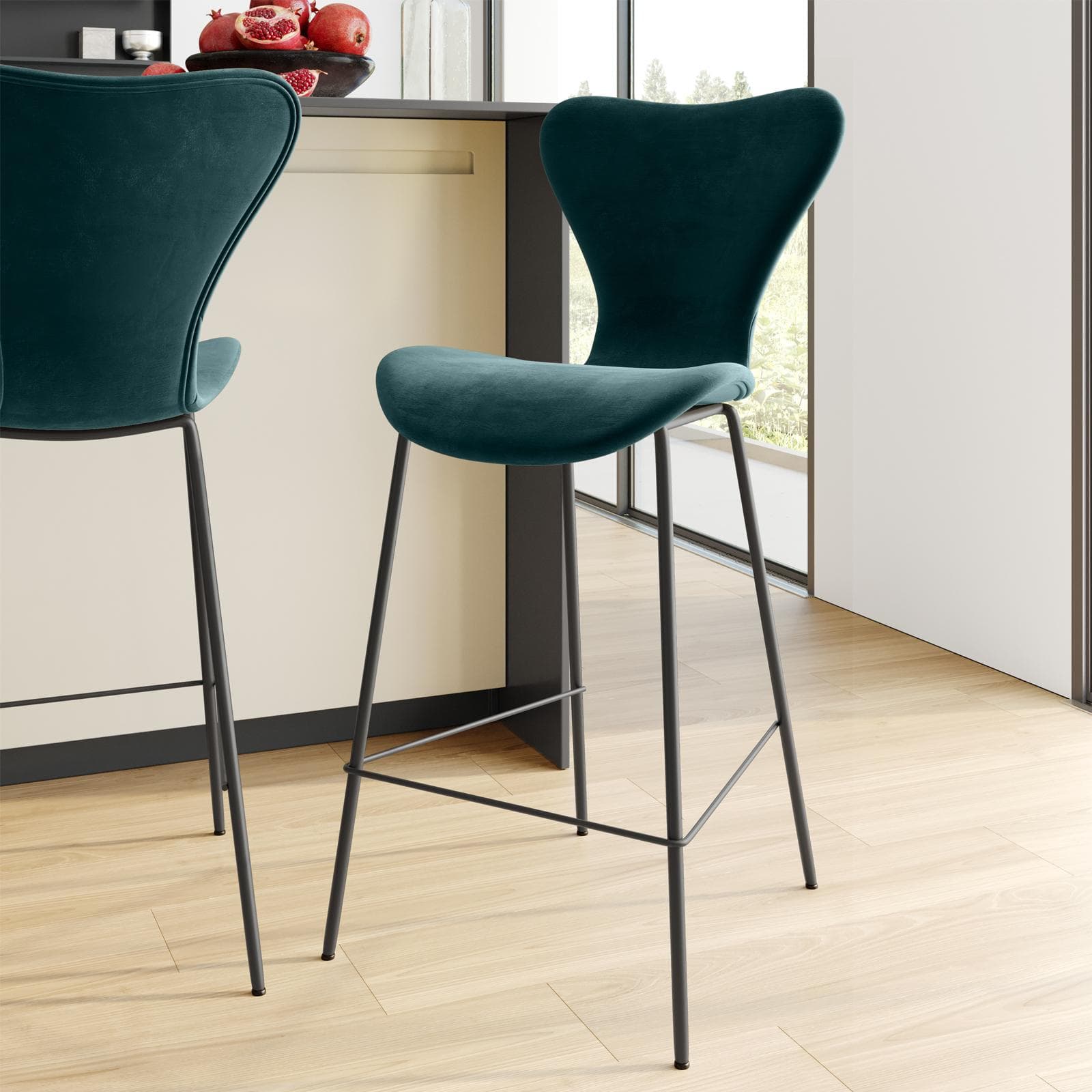 Sgabello in velluto verde bosco con gambe in metallo nero - Dolly