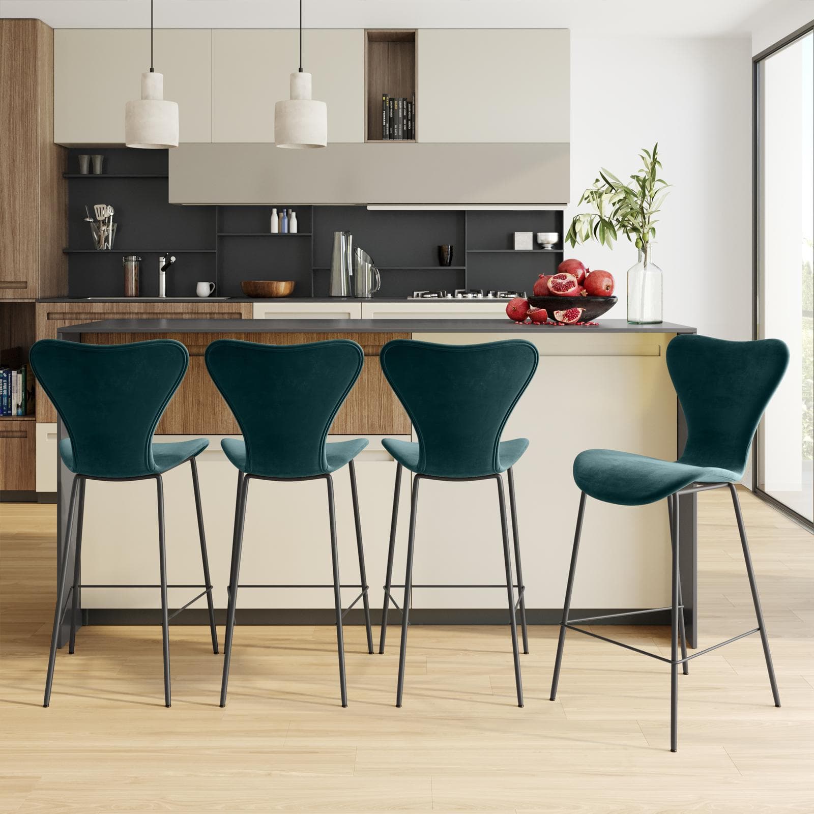 Sgabello in velluto verde bosco con gambe in metallo nero - Dolly