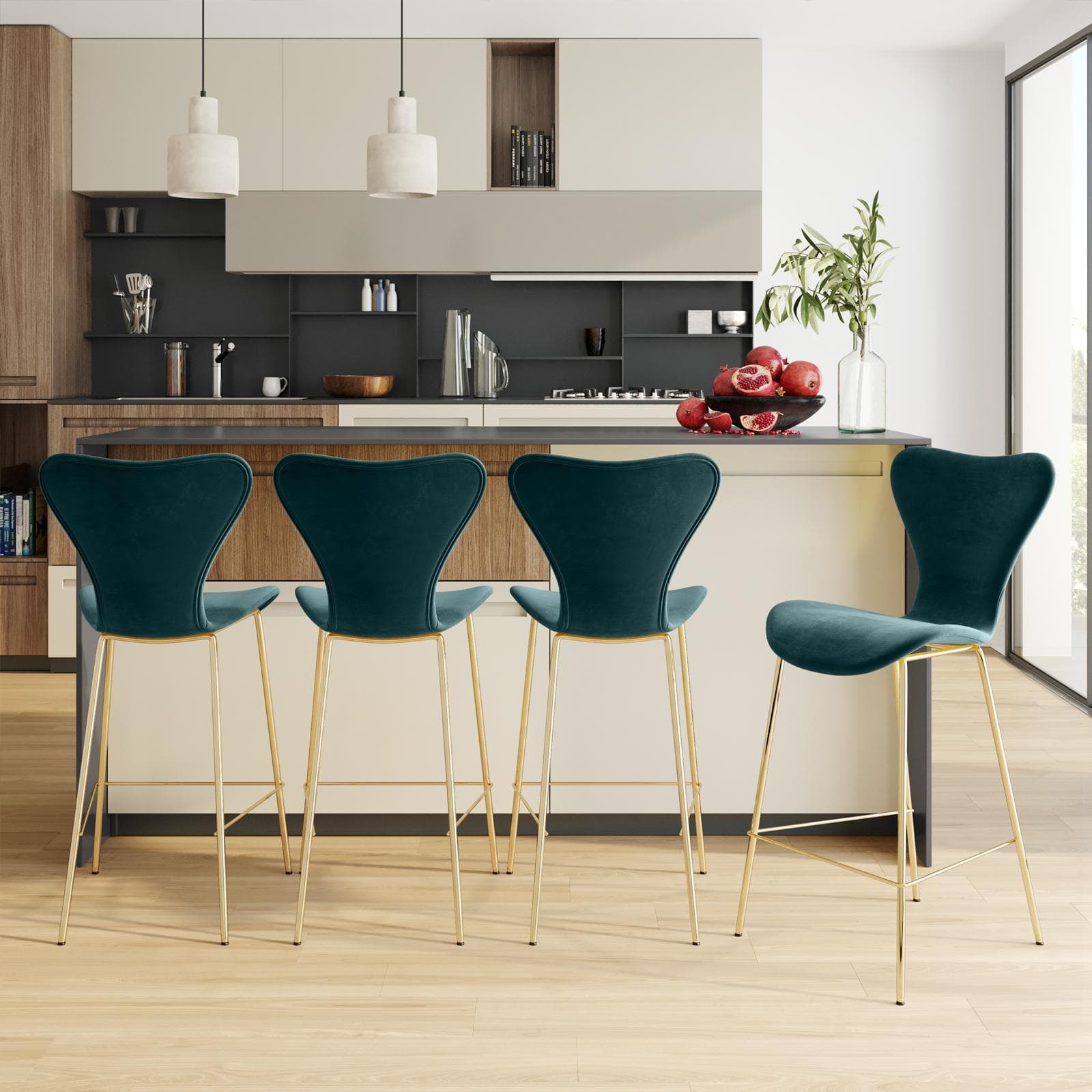 Sgabello velluto verde bosco con gambe oro - Dolly