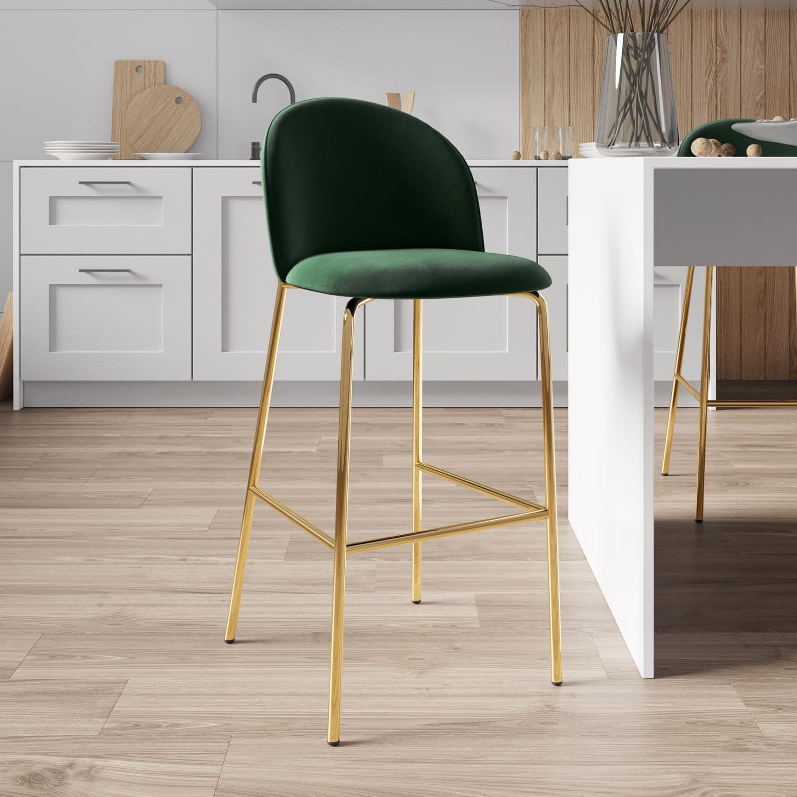 Sgabello in velluto verde scuro con gambe e poggiapiedi in metallo finitura oro - Zilla