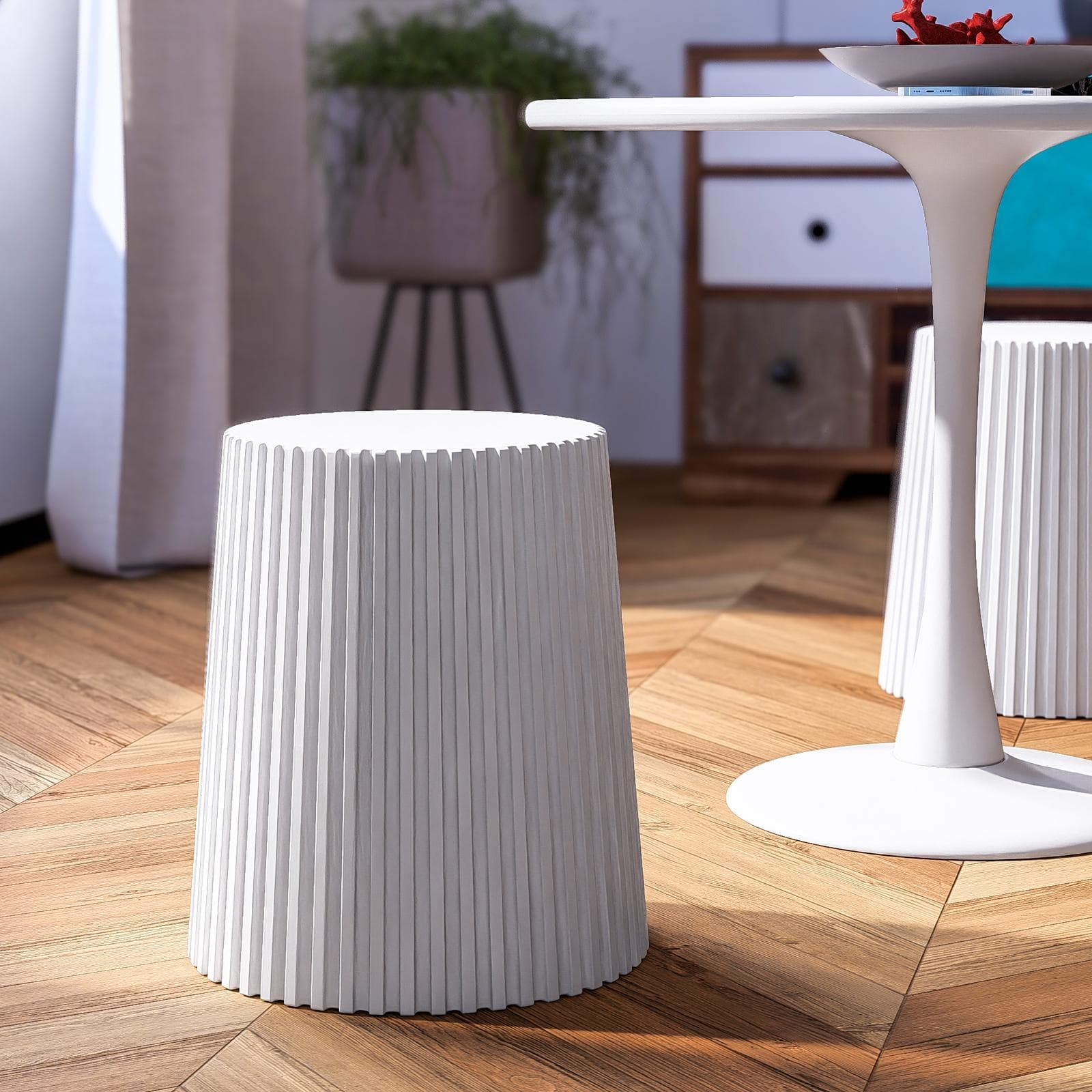 Sgabello rotondo 39 cm impilabile in polipropilene effetto cannettato bianco - Xilo