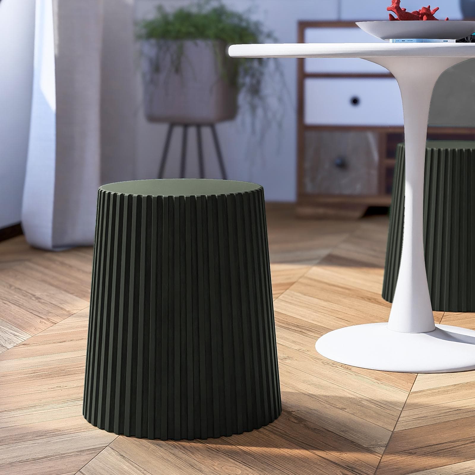 Sgabello rotondo 39 cm impilabile in polipropilene effetto cannettato verde - Xilo