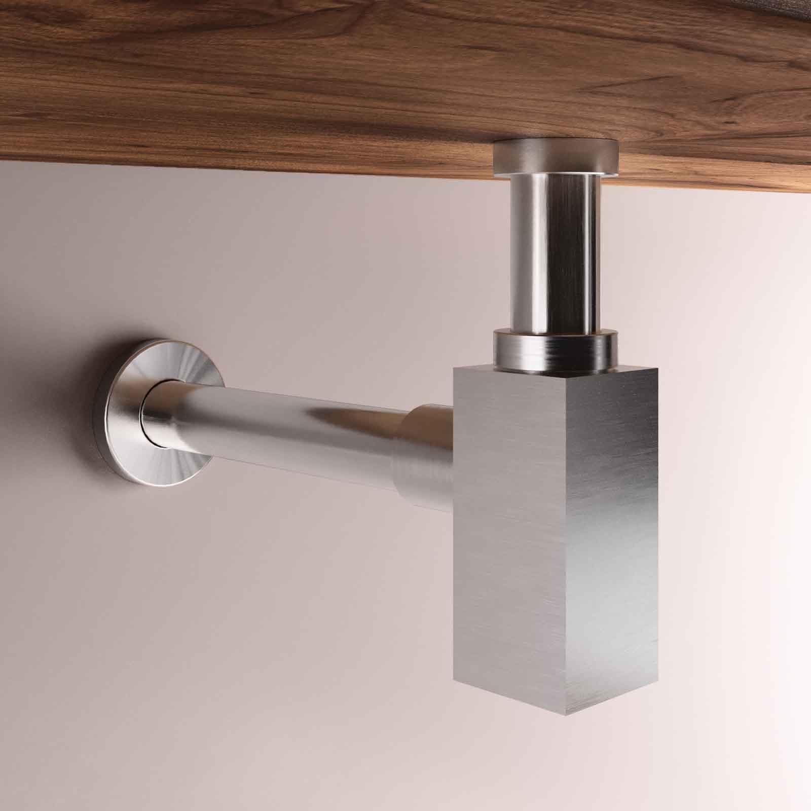Sifone di scarico quadrato per lavabo in finitura acciaio spazzolato