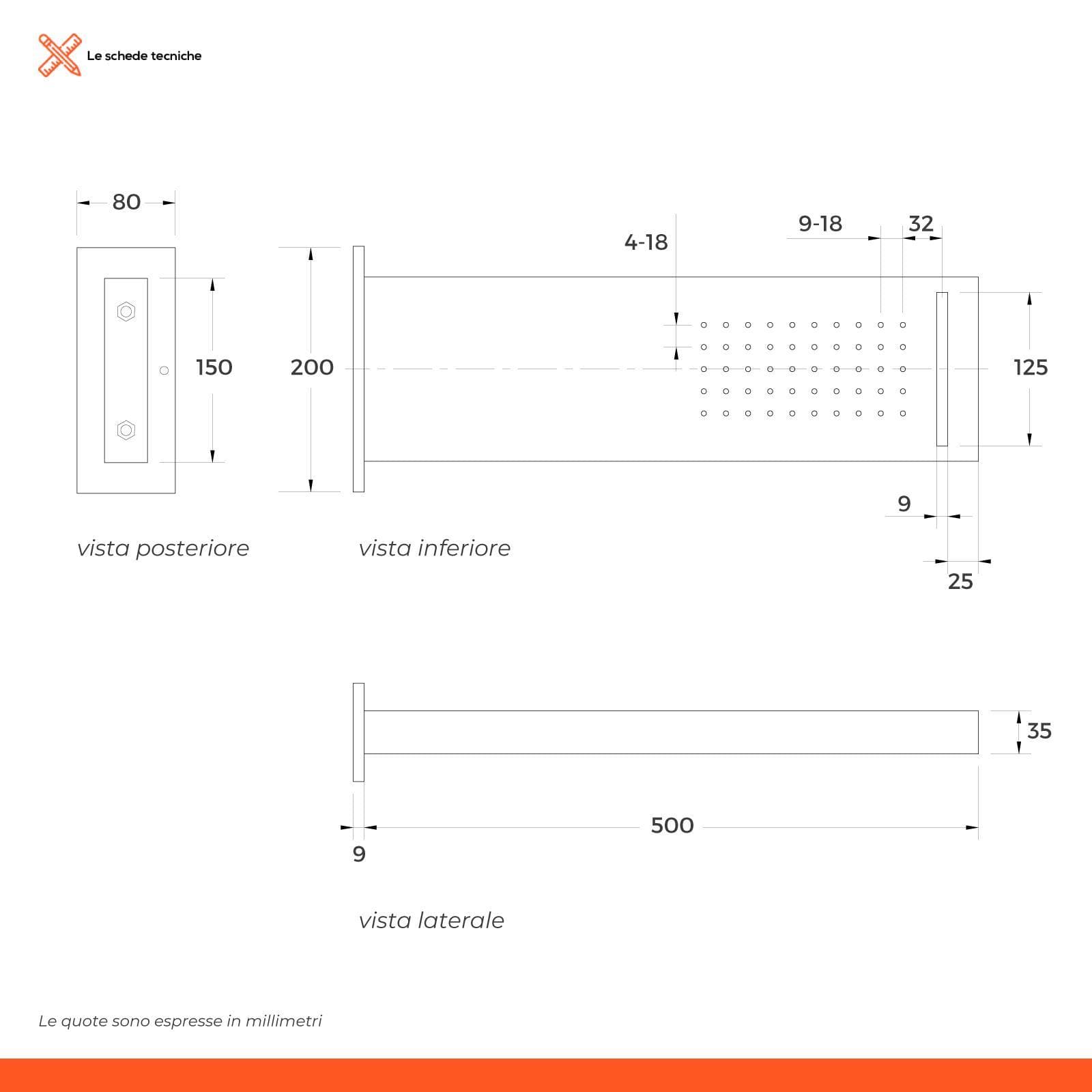 Soffione acciaio cromato a parete 50x15 design squadrato con cascata