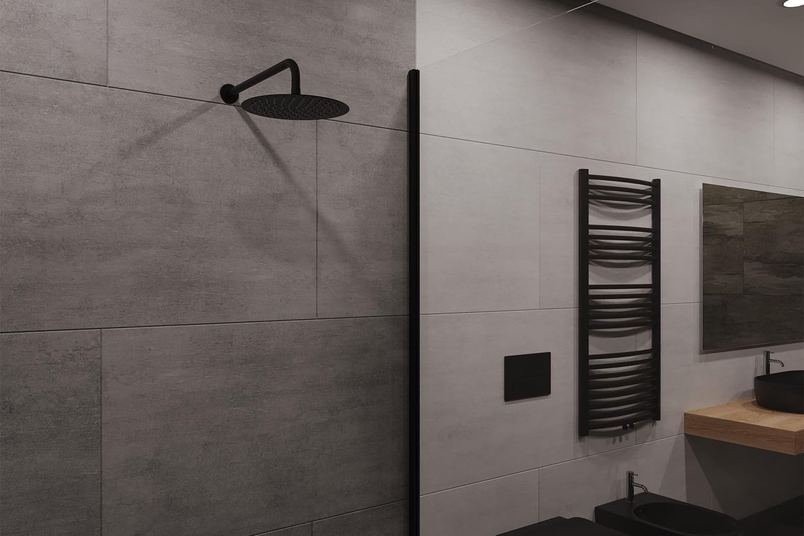Soffione e braccio doccia nero opaco design ultraslim anticalcare con forma circolare