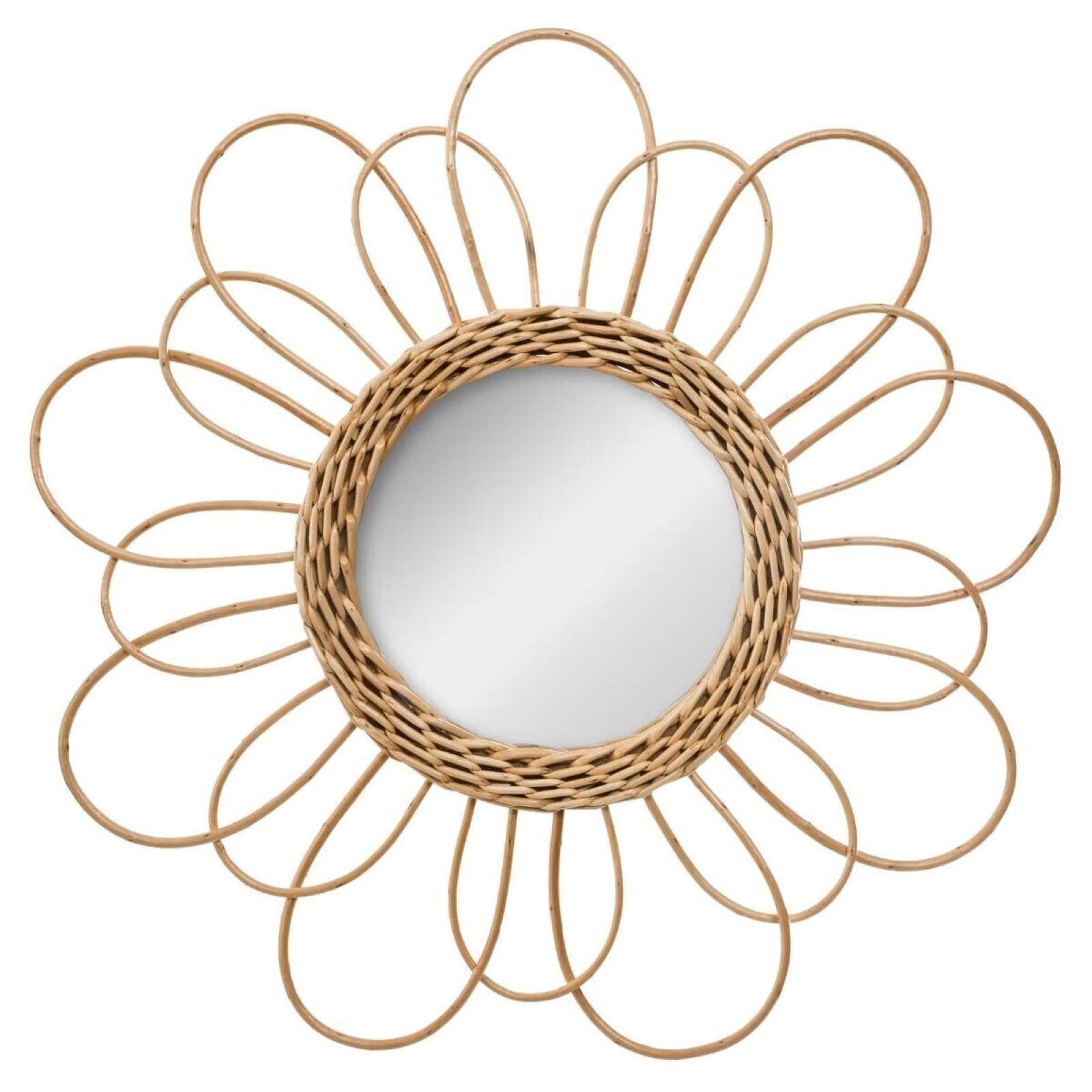 Specchio rotondo 38 cm a fiore con cornice intrecciata in vimini naturale