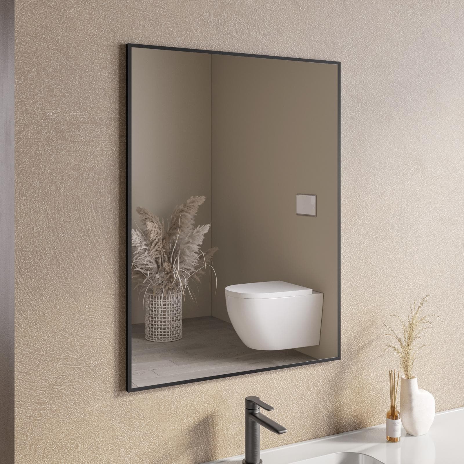 Specchio bagno 60x80 cm reversibile con cornice nero spazzolato - Talas