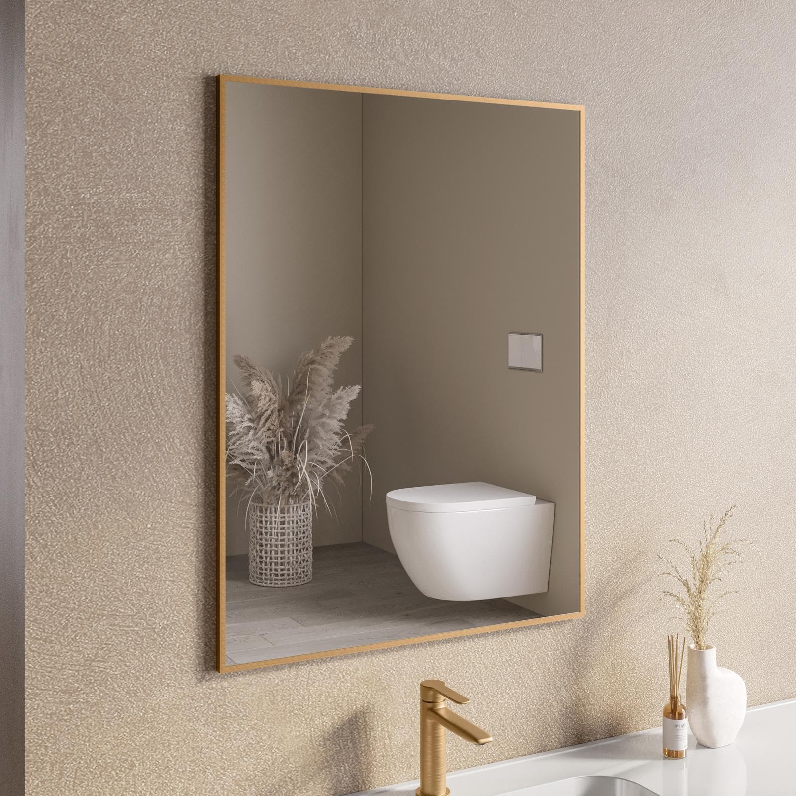 Specchio bagno 60x80 cm reversibile con cornice oro spazzolato - Talas