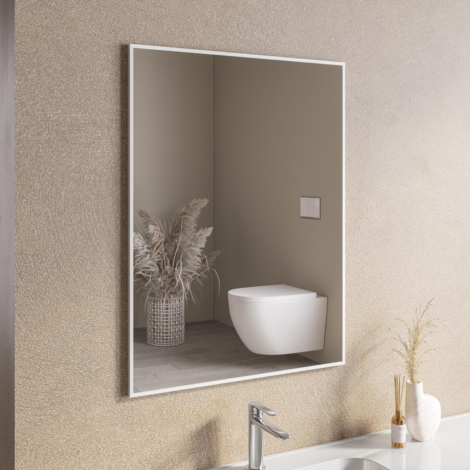 Specchio bagno 70x90 cm reversibile con cornice bianco opaco - Talas