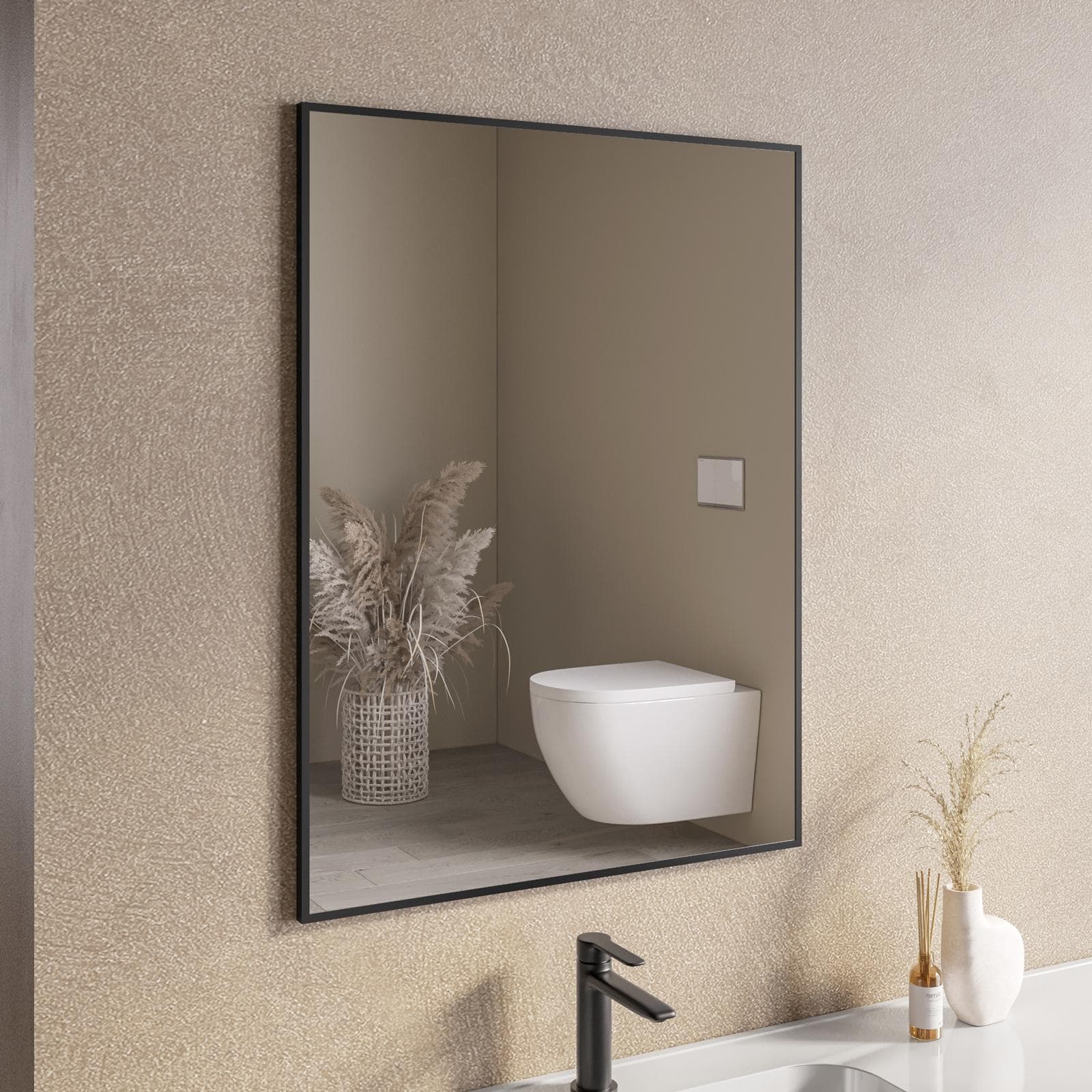 Specchio bagno 70x90 cm reversibile con cornice nero opaco - Talas