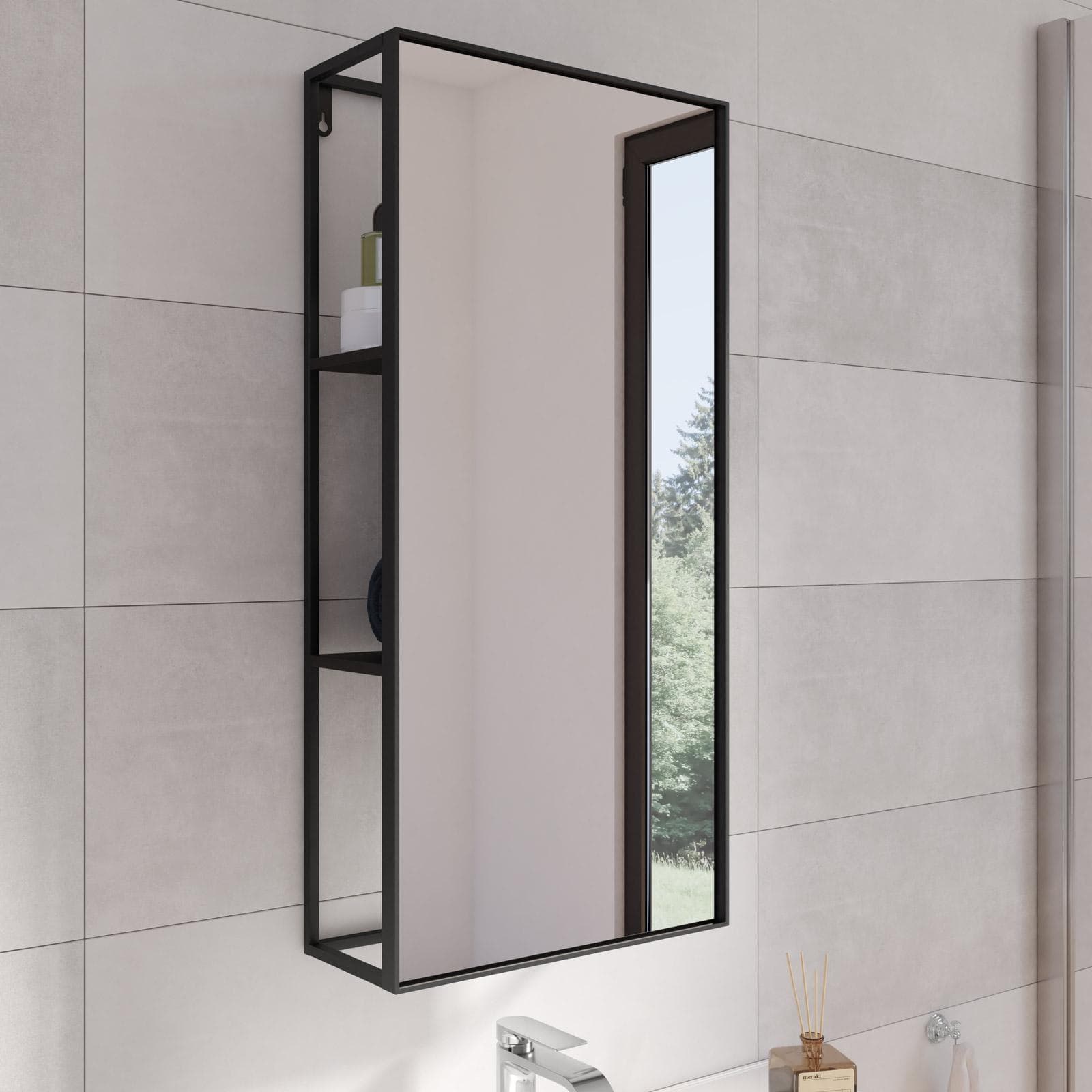 Specchio contenitore 36x75h cm in metallo nero con ripiani - Marla