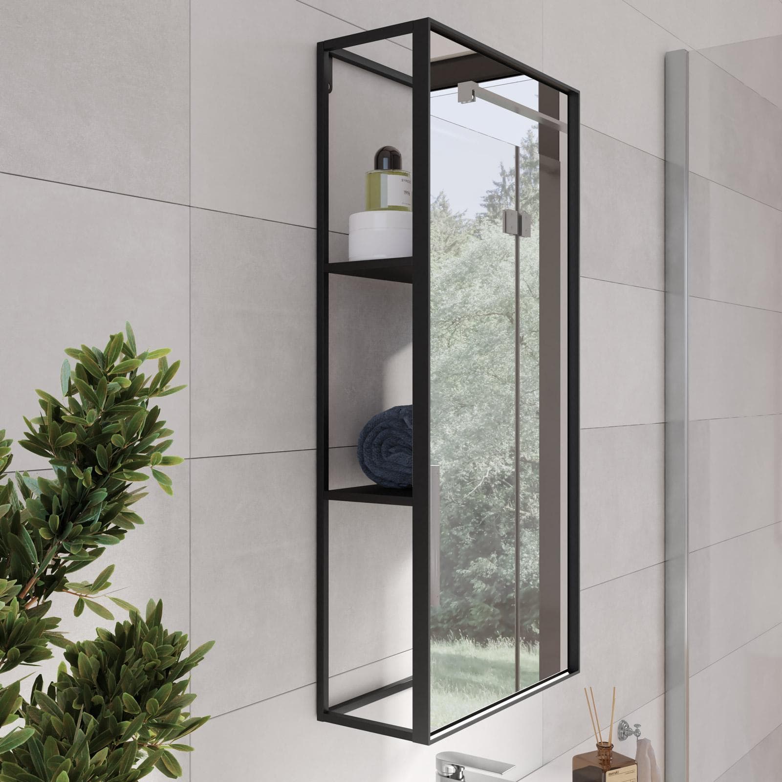 Specchio contenitore 36x75h cm in metallo nero con ripiani - Marla