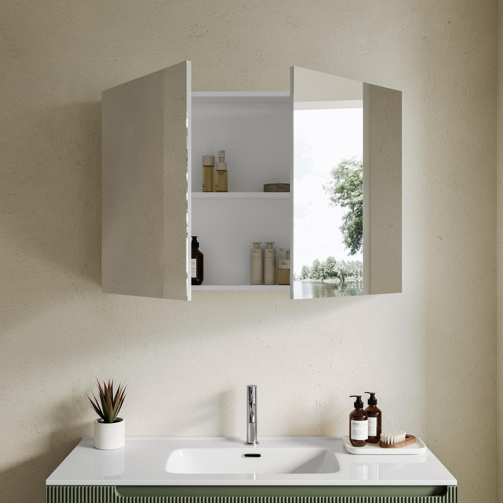 Specchio contenitore bagno cm 100 x 68 bianco lucido 2 ante