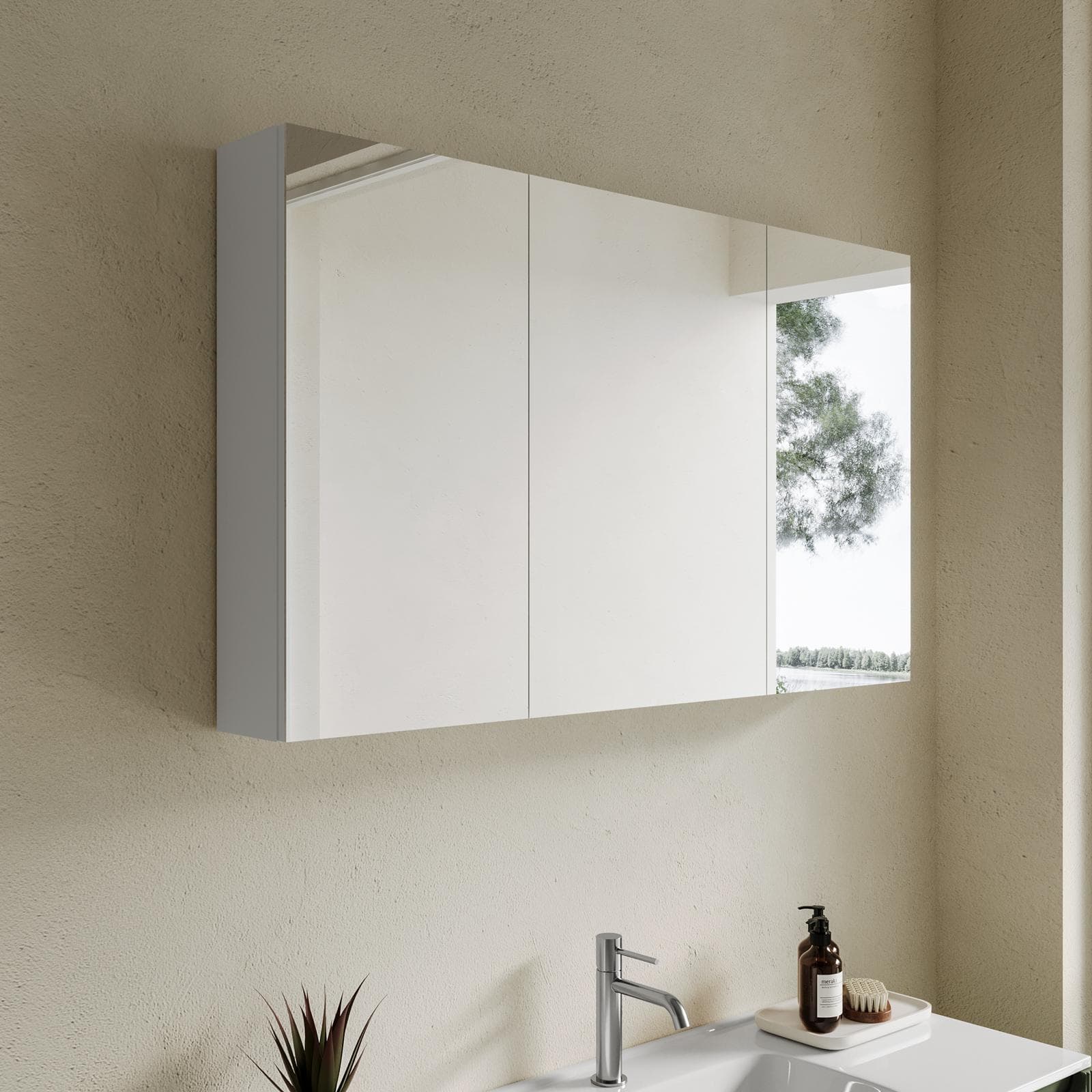 Specchio contenitore bagno cm 115 x 68 bianco lucido 3 ante