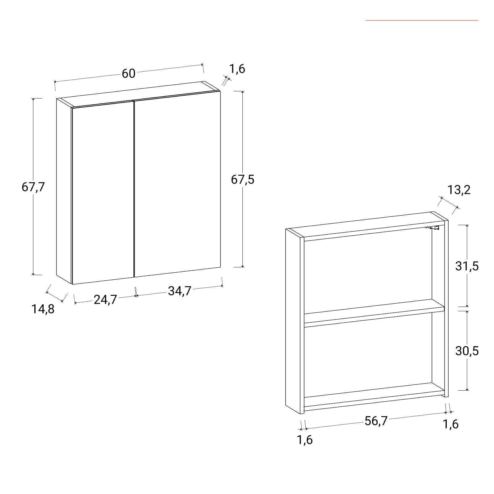 Specchio contenitore bagno cm 60 x 68 bianco lucido 2 ante
