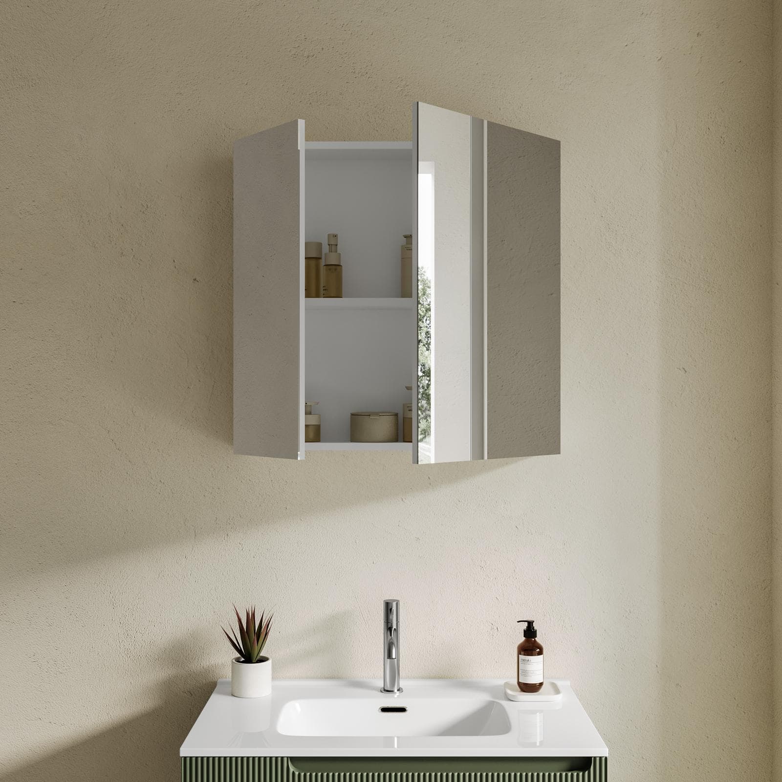 Specchio contenitore bagno 70 x 68 cm bianco lucido 2 ante