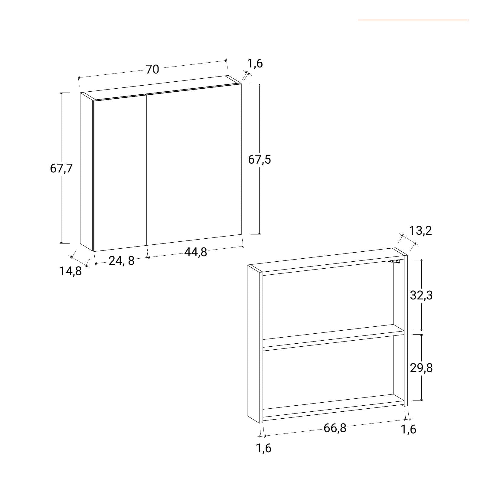 Specchio contenitore bagno 70 x 68 cm bianco lucido 2 ante