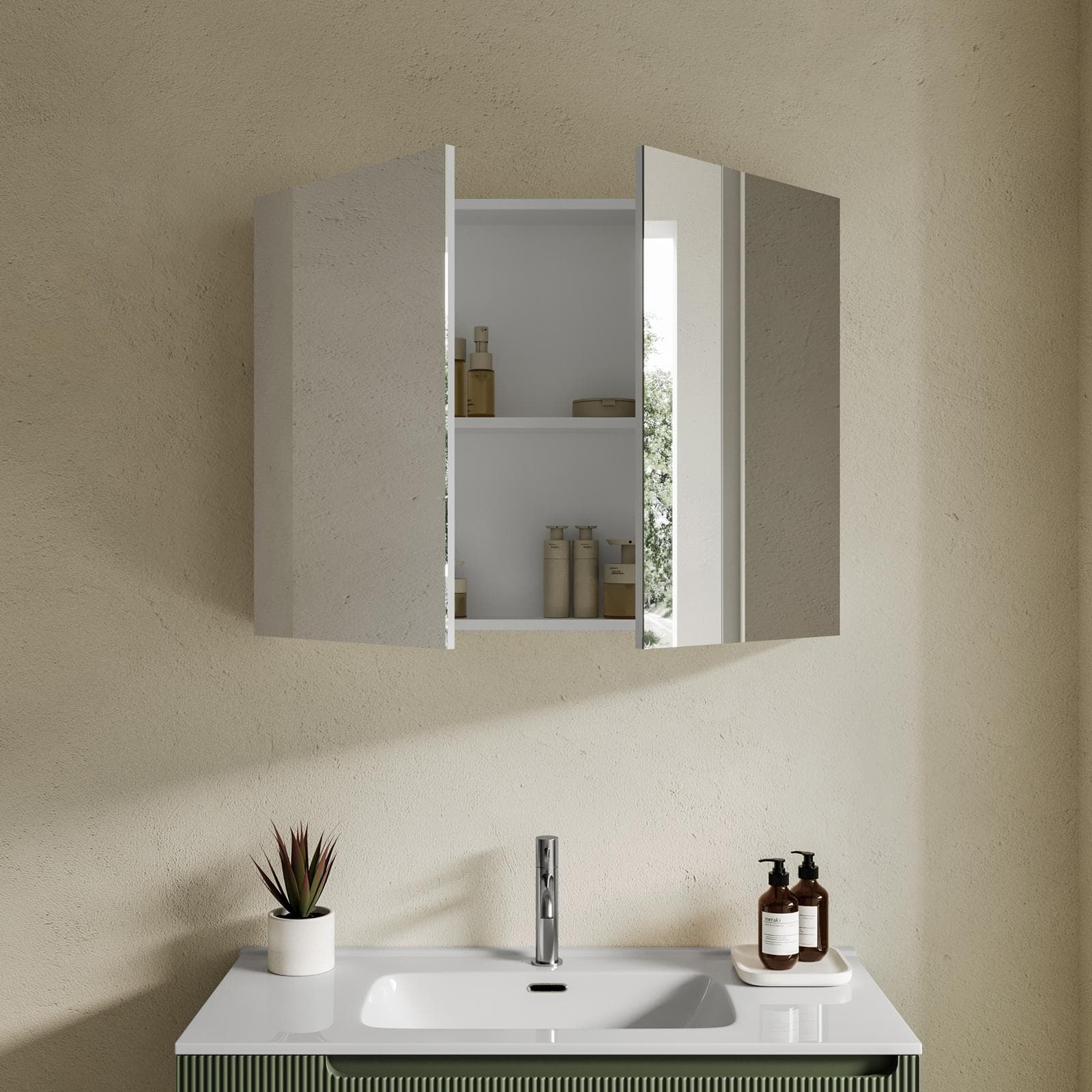 Specchio contenitore bagno cm 90 x 68 bianco lucido 2 ante