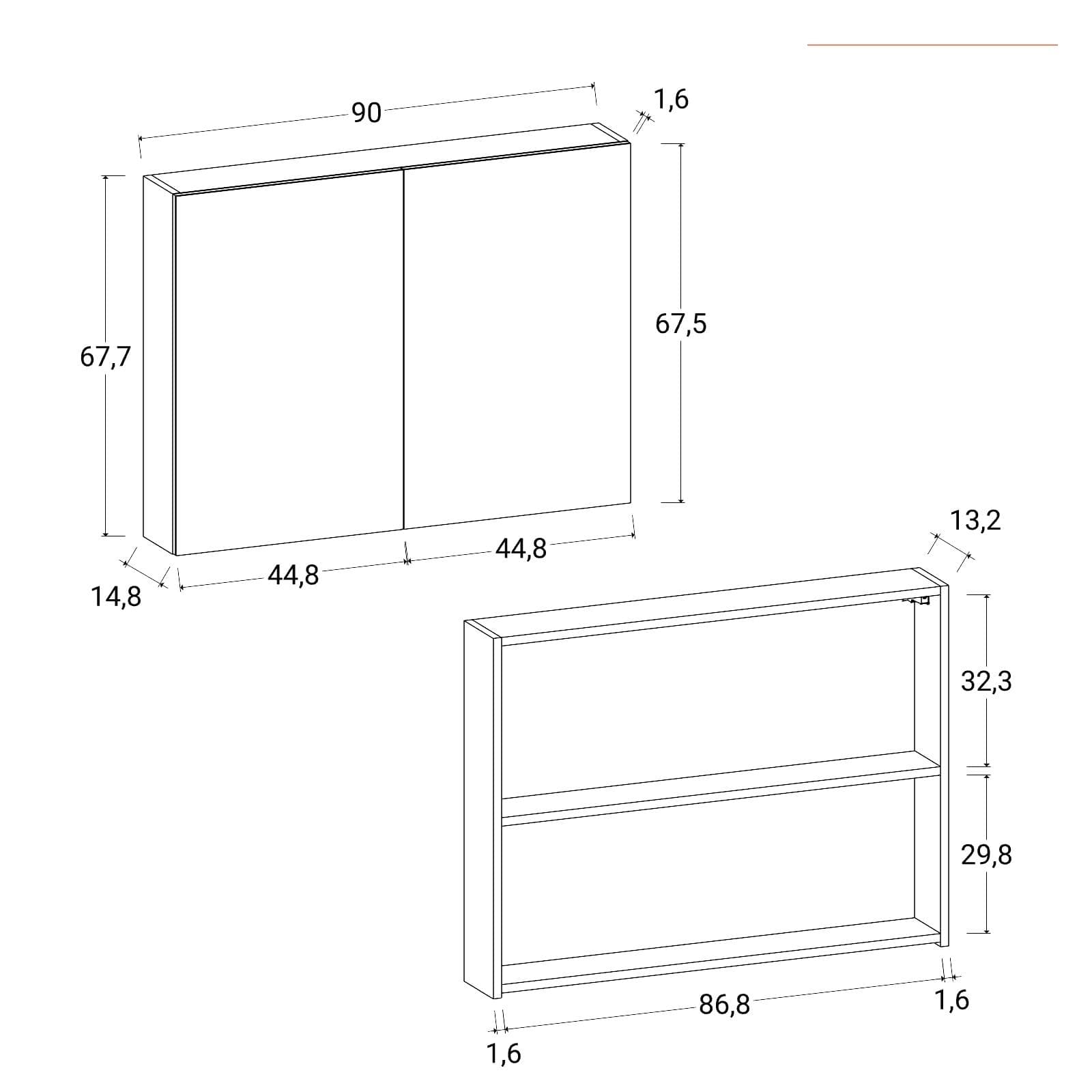 Specchio contenitore bagno cm 90 x 68 bianco lucido 2 ante