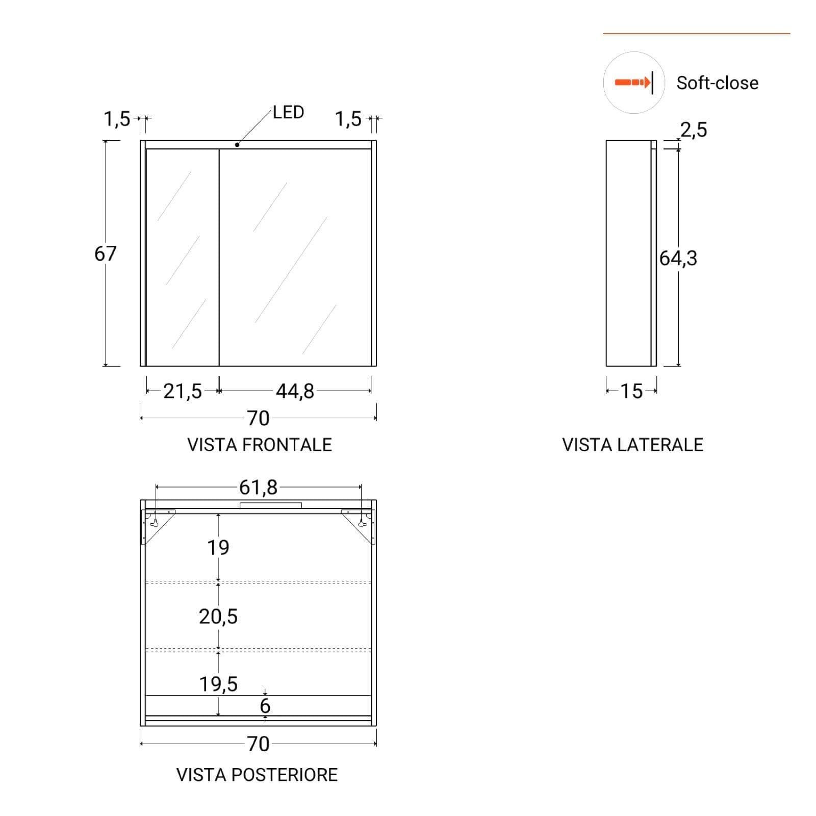 Specchio contenitore led 70x15x67h cm con 2 ante - Rigel