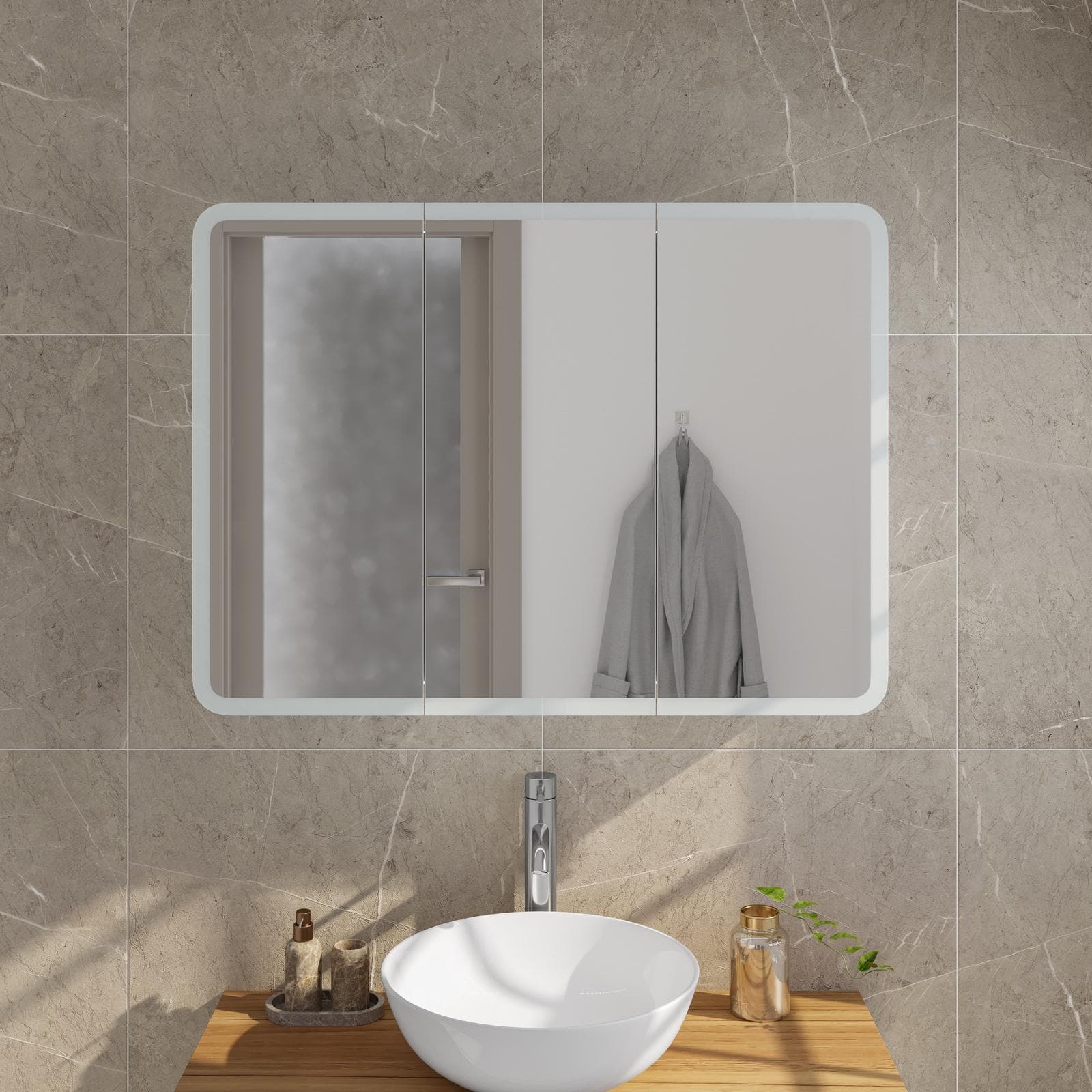 Specchio contenitore led 95x13x70h cm con 3 ante - Rary