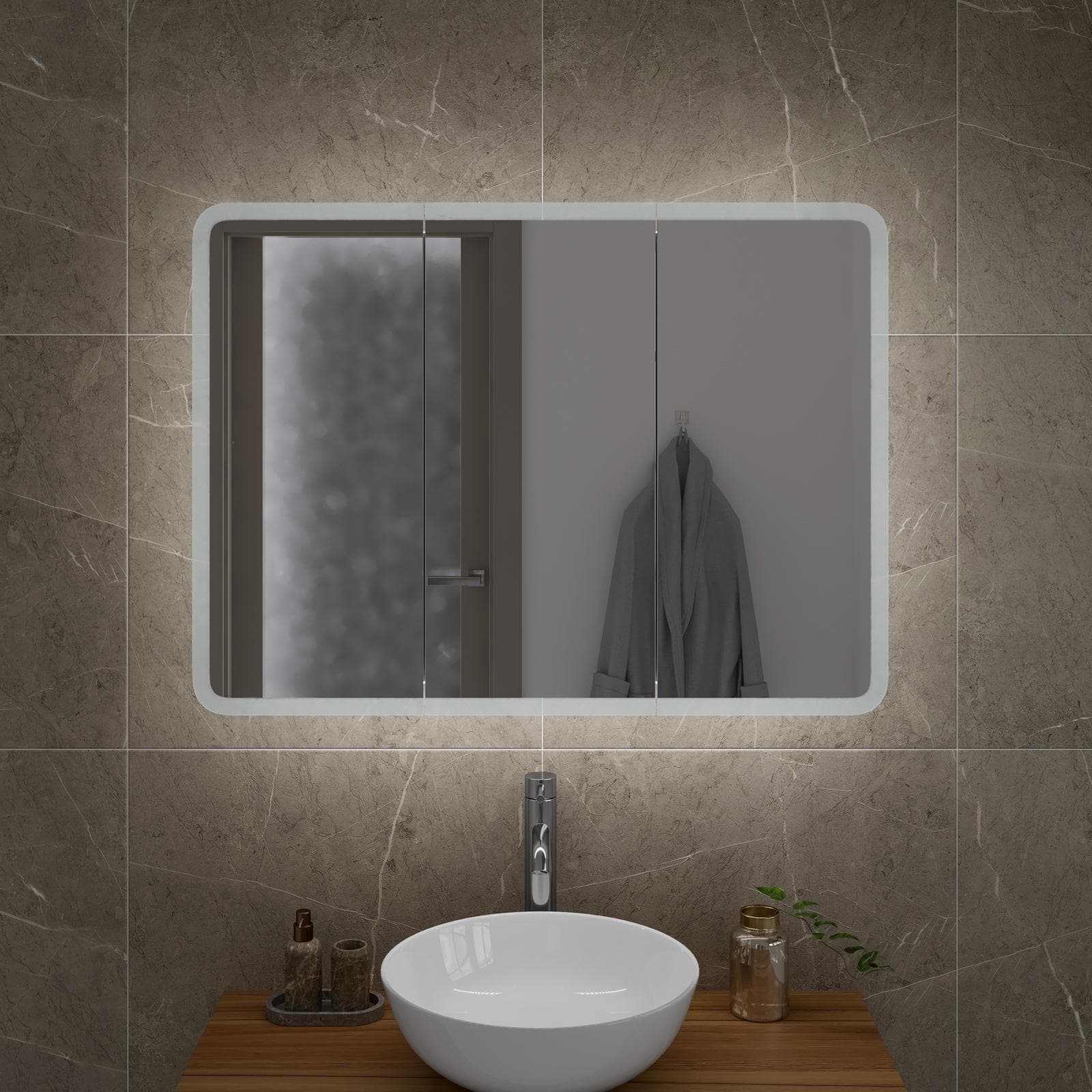 Specchio contenitore led 95x13x70h cm con 3 ante - Rary