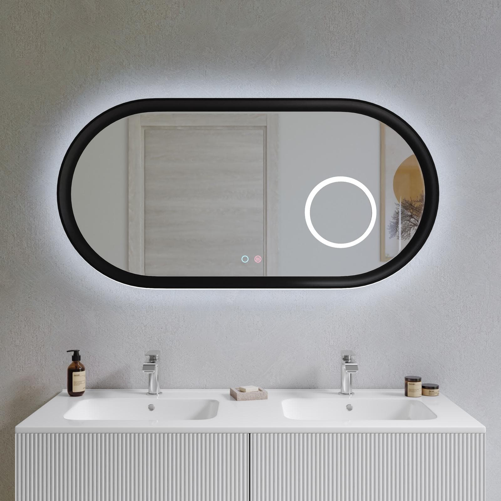 Specchio da bagno 3 led 120x60 cm luce perimetrale retroilluminato con antiappannante e ingranditore nero opaco - Pulli