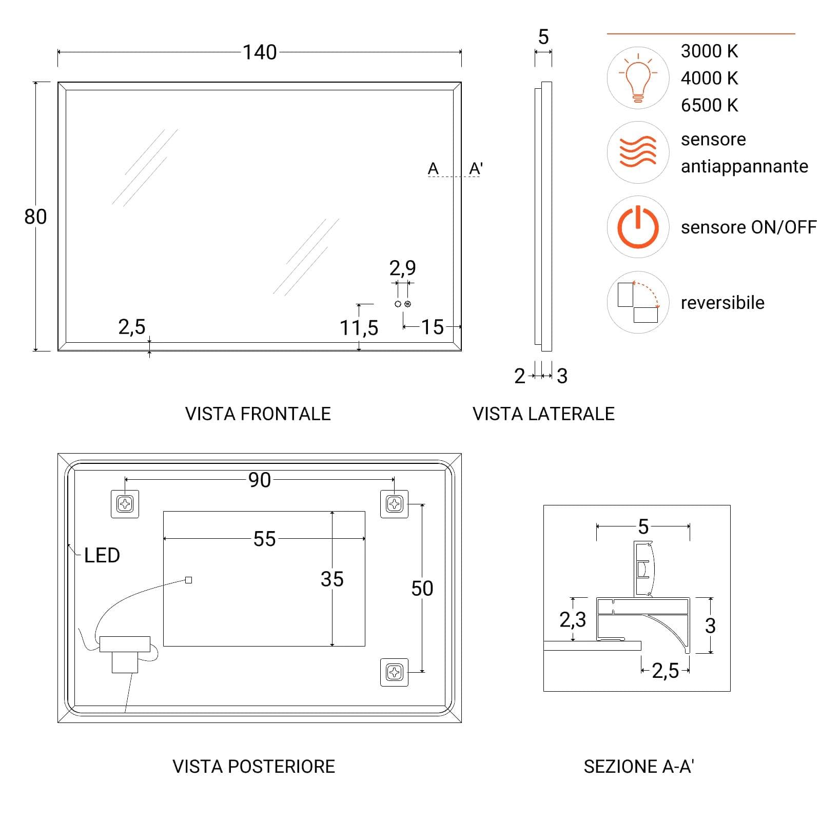 Specchio da bagno 3 led 140x80 cm con antiappannate e retroilluminato nero gun metal - Seraph