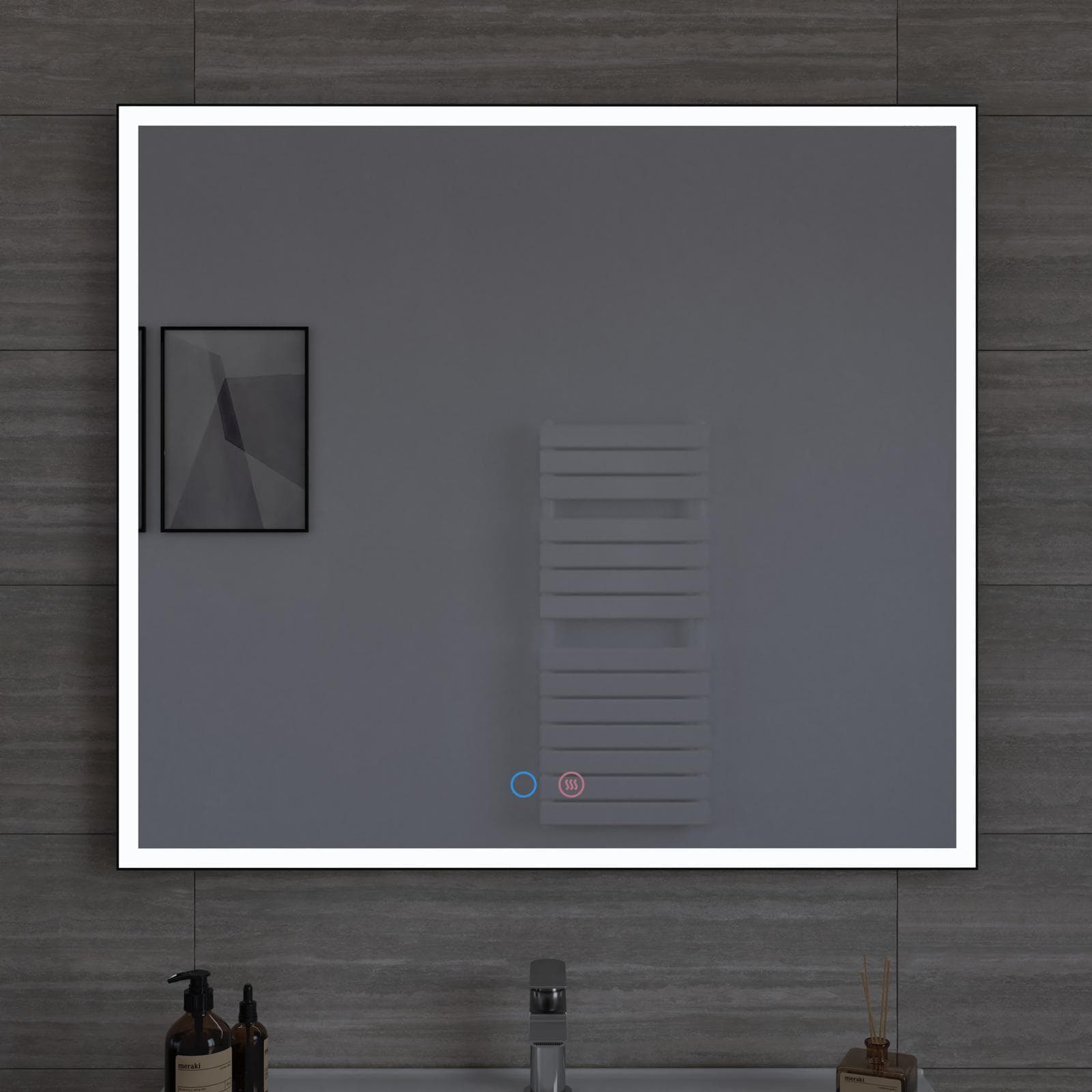 Specchio da bagno 3 led 90x80 cm con antiappannante nero opaco - Bats