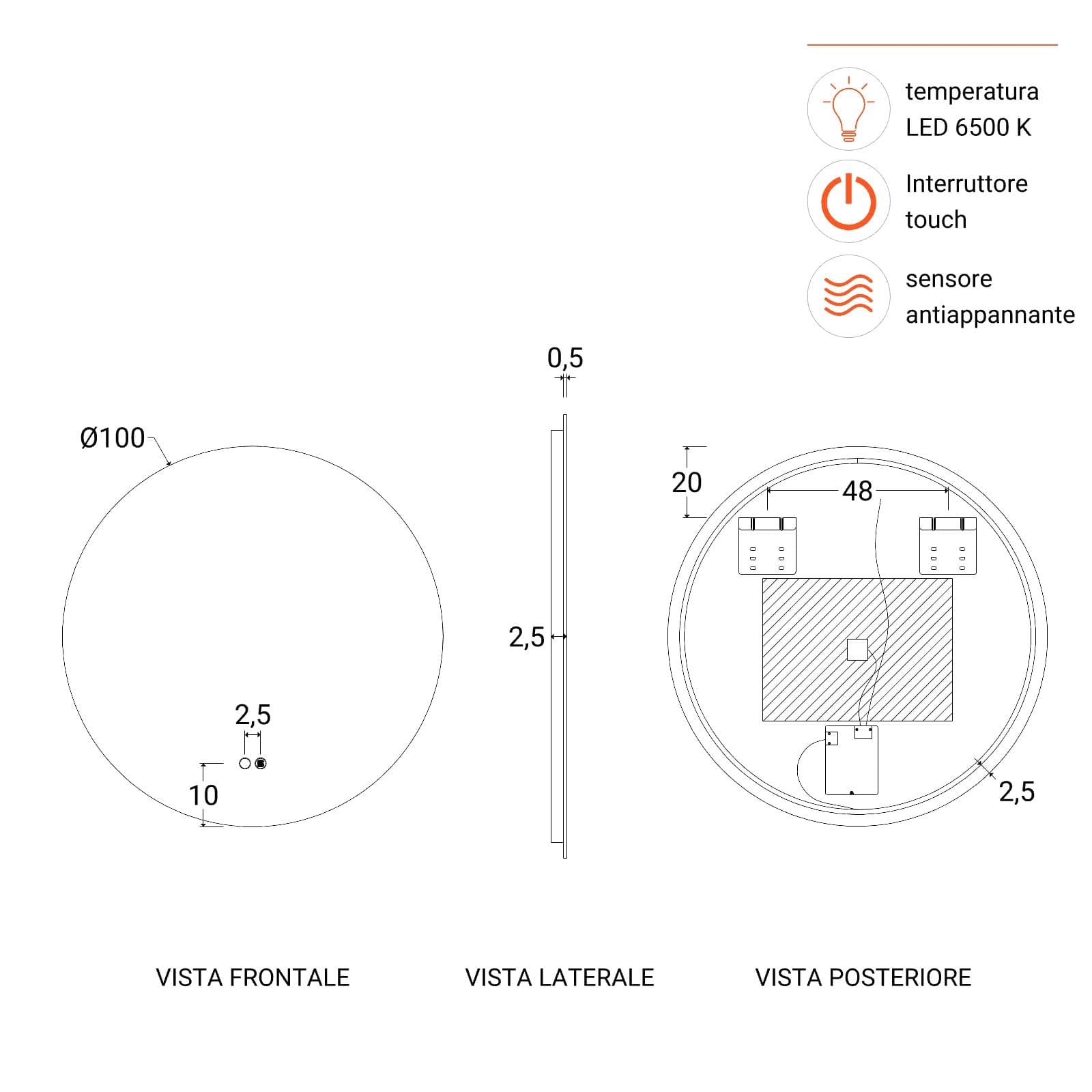 Specchio da bagno led 100 cm luce fredda con antiappannante - Clost