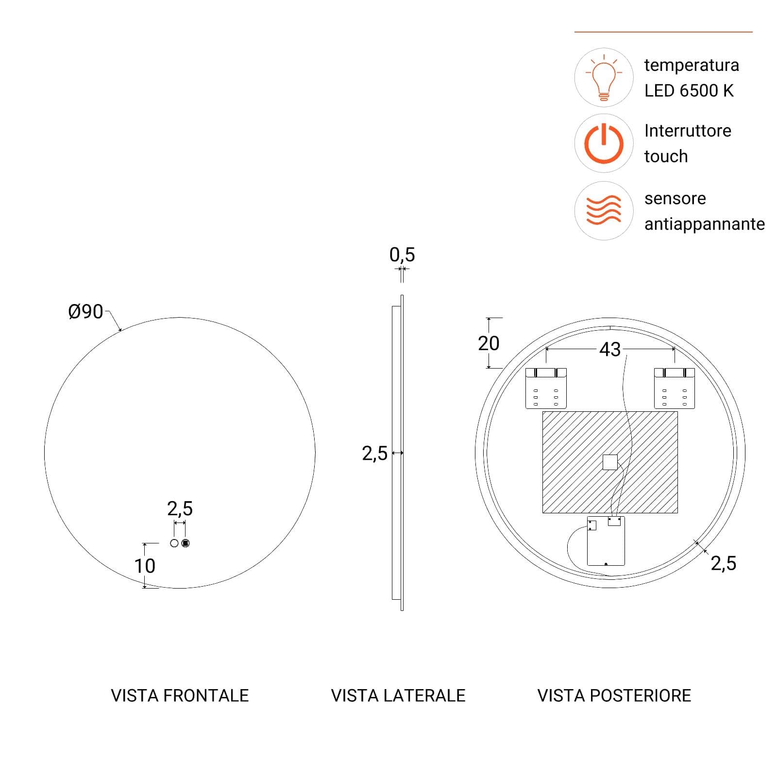 Specchio da bagno led 90 cm luce fredda con antiappannante - Clost
