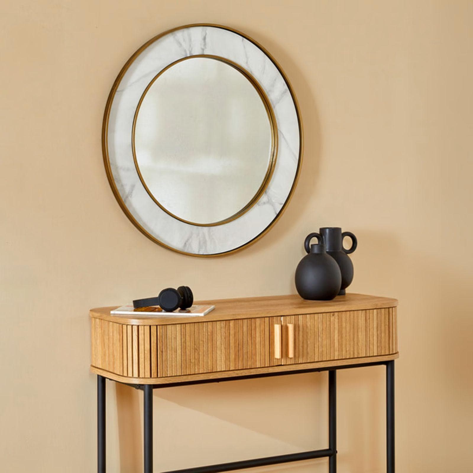 Specchio da interno rotondo 75 cm in legno effetto marmo bianco e oro