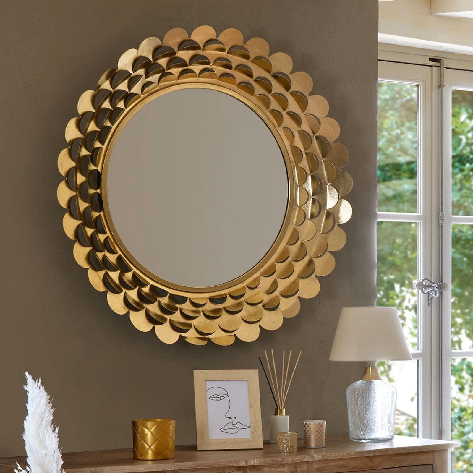 Specchio da interno rotondo 91 cm in metallo oro