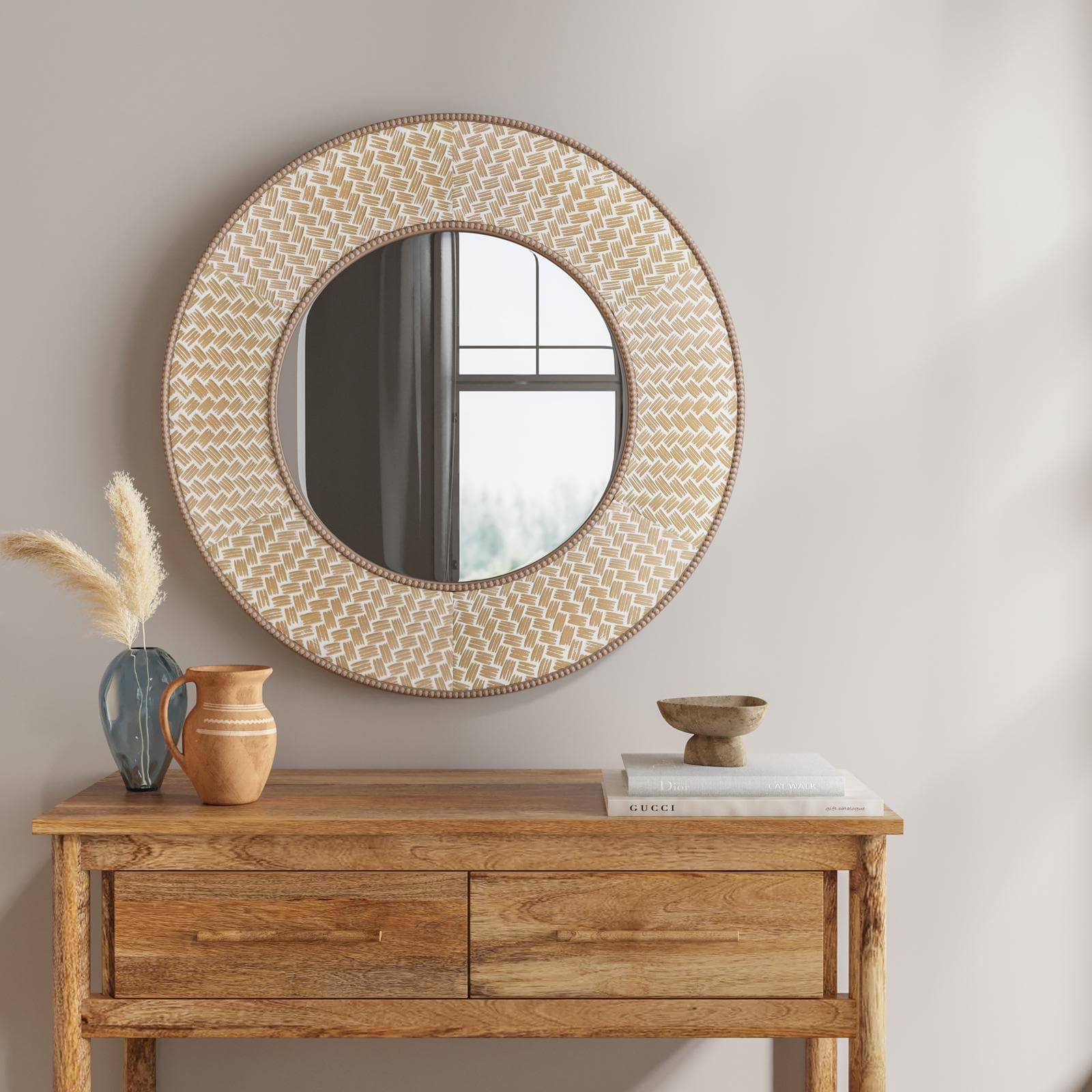 Specchio da interno tondo 80 cm con cornice decorata naturale - Elodie
