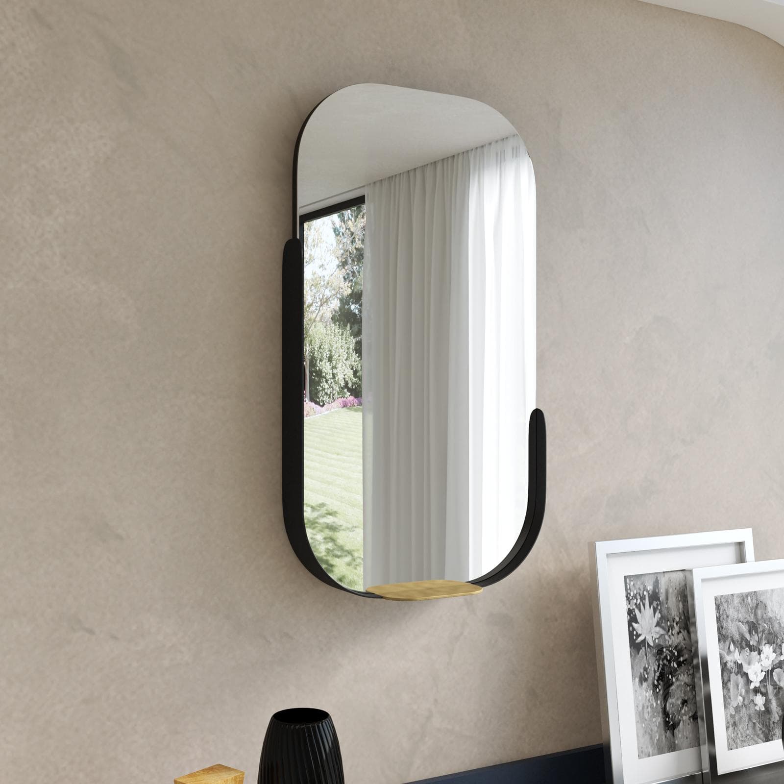 Specchio da parete 45x80h cm in metallo nero con mensola - Maban