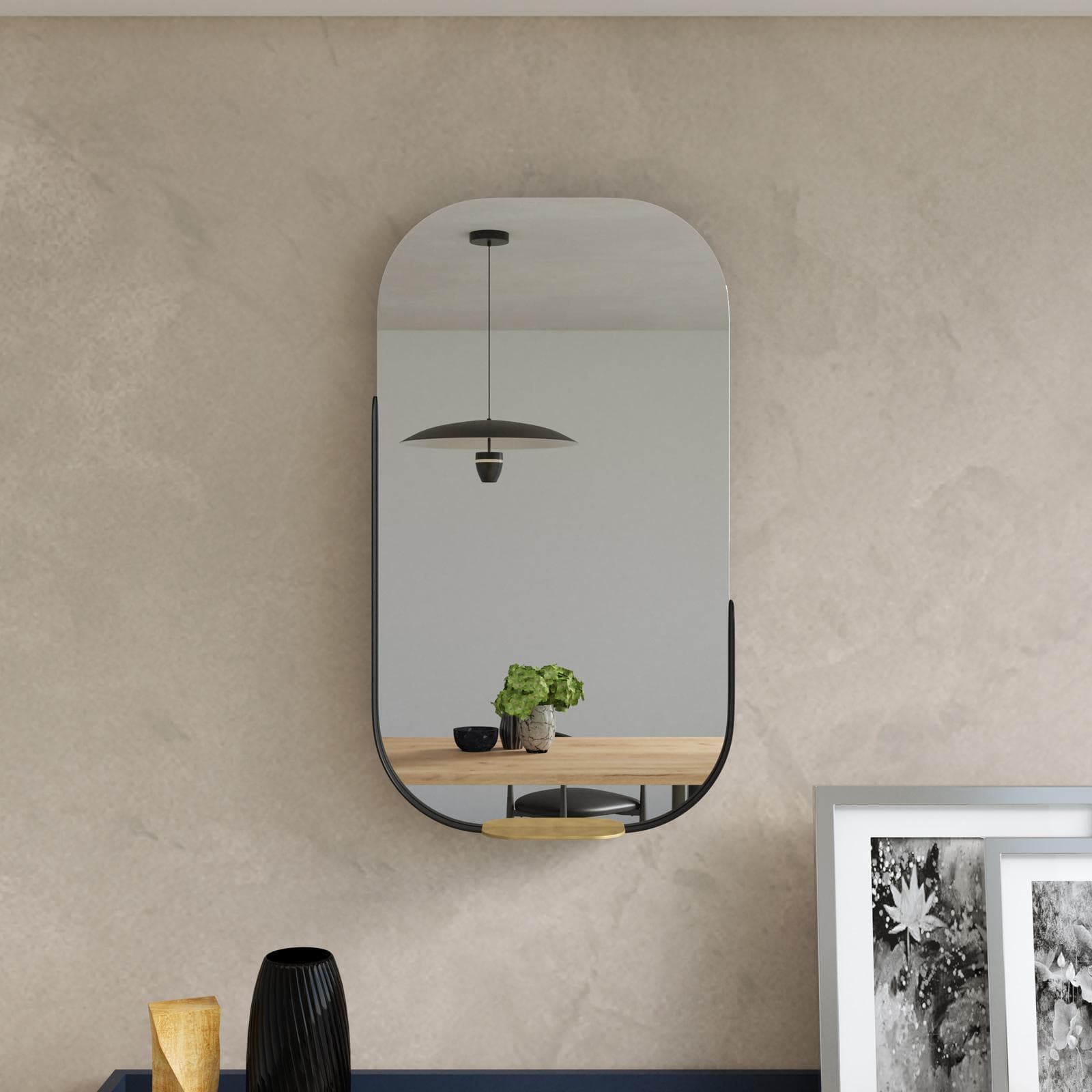 Specchio da parete 45x80h cm in metallo nero con mensola - Maban