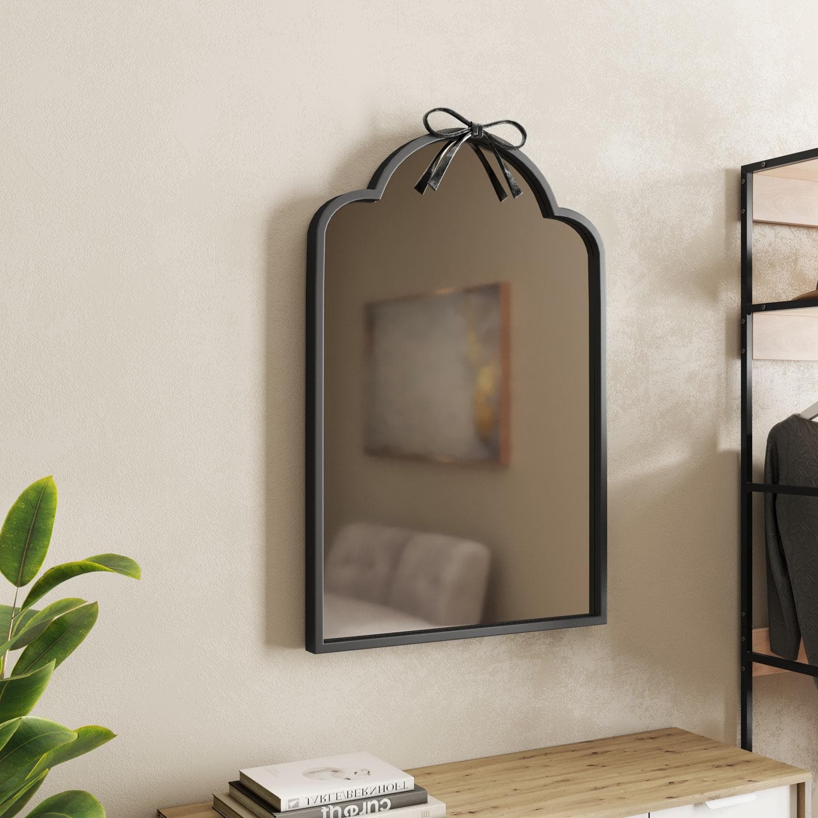 Specchio da parete 55x85h cm con cornice in metallo nero con dettaglio fiocco - Lesil