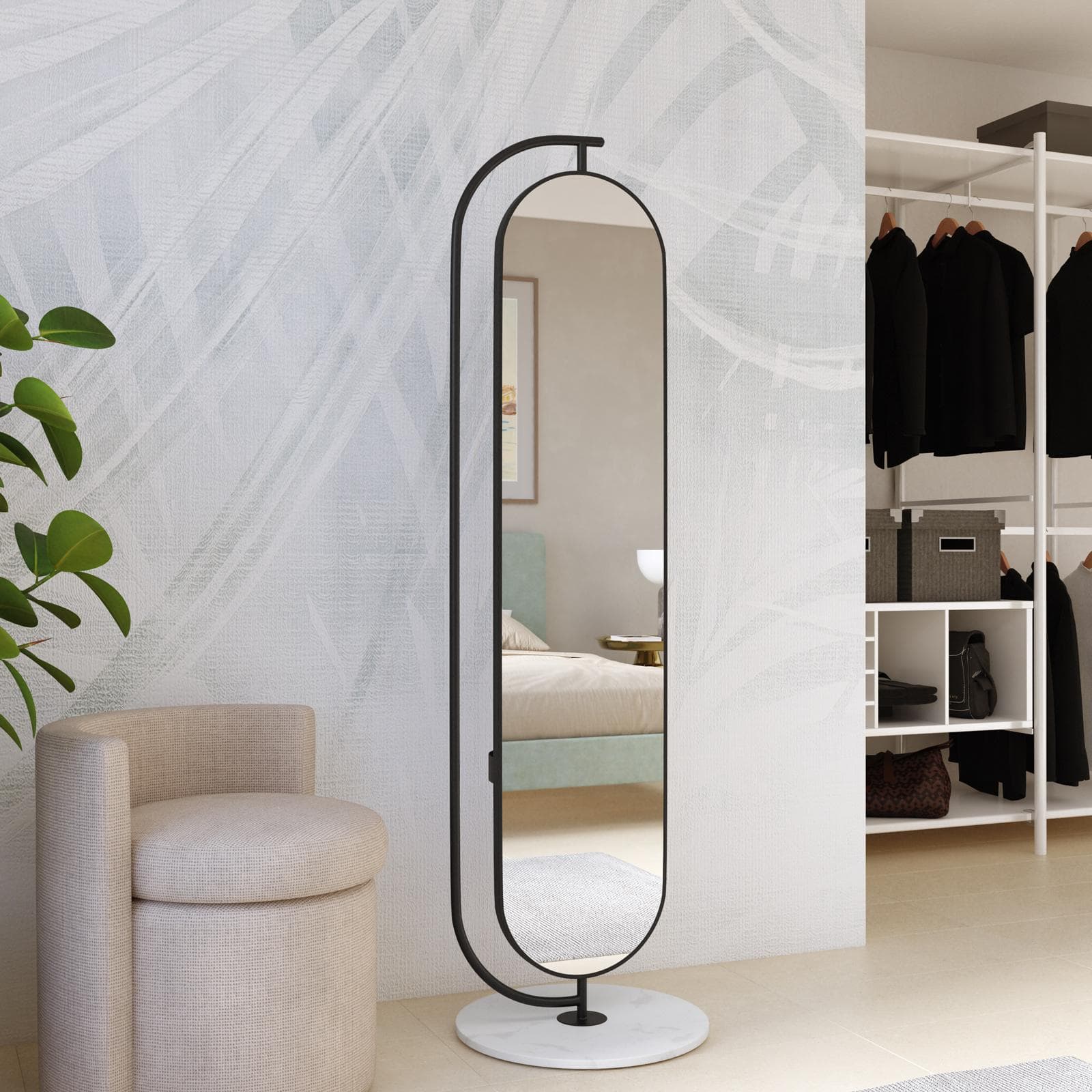 Specchio da terra 45x175h cm in metallo nero e base in marmo con ripiano e appendiabiti - Garil