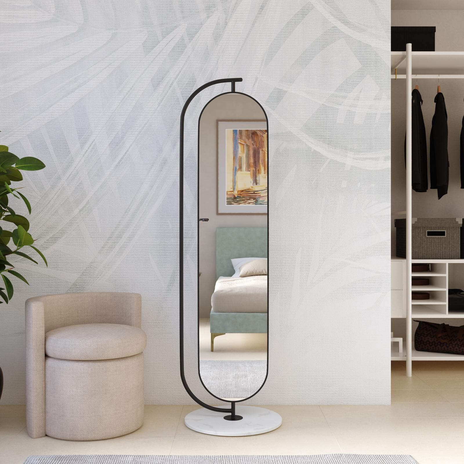 Specchio da terra 45x175h cm in metallo nero e base in marmo con ripiano e appendiabiti - Garil