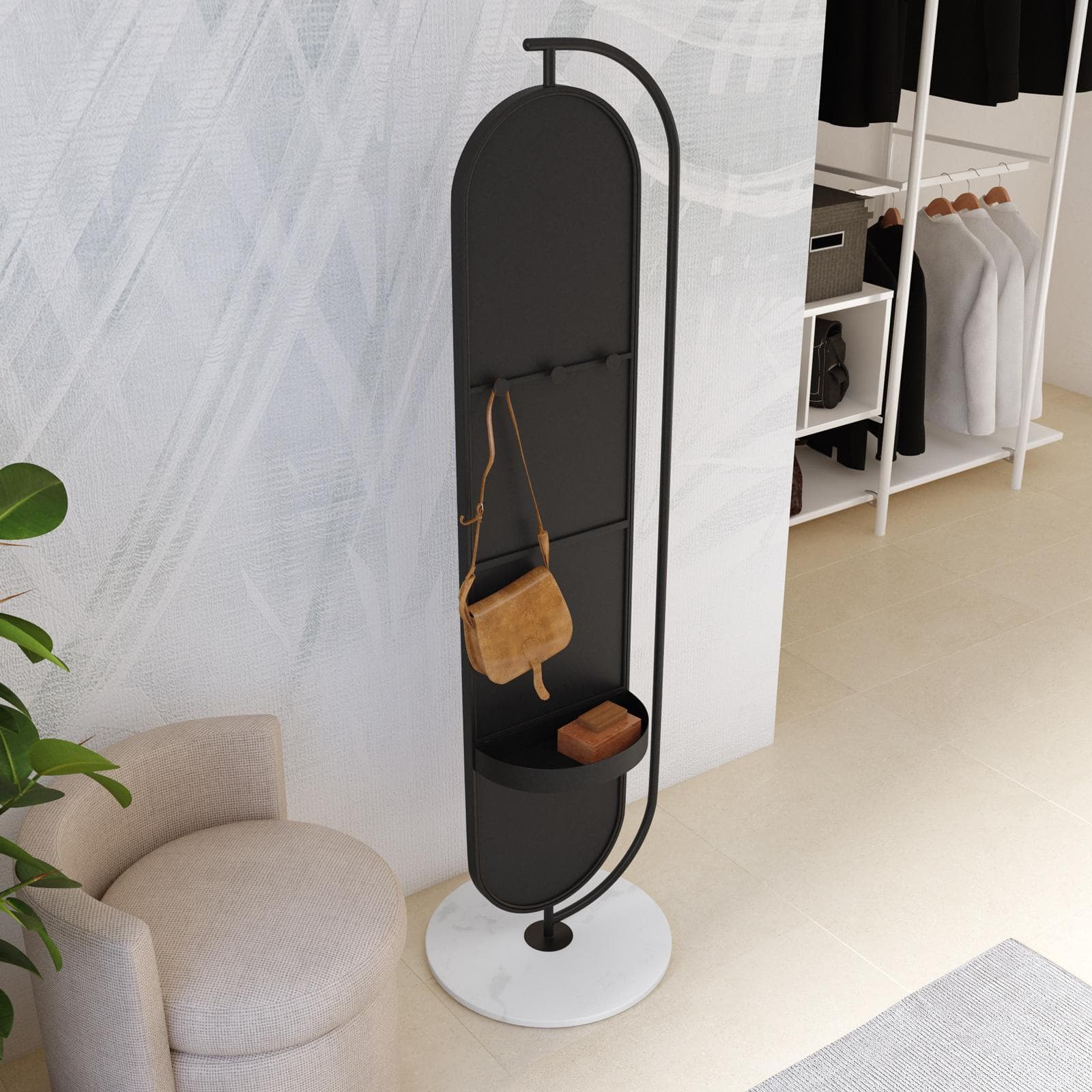 Specchio da terra 45x175h cm in metallo nero e base in marmo con ripiano e appendiabiti - Garil
