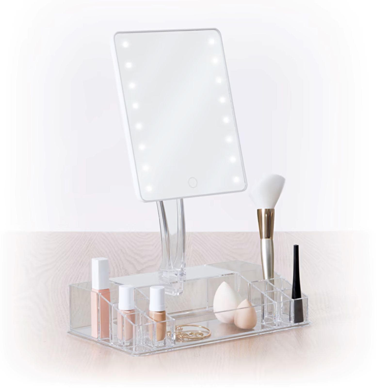 Specchio da trucco 38h cm con LED e organizer a 14 scomparti