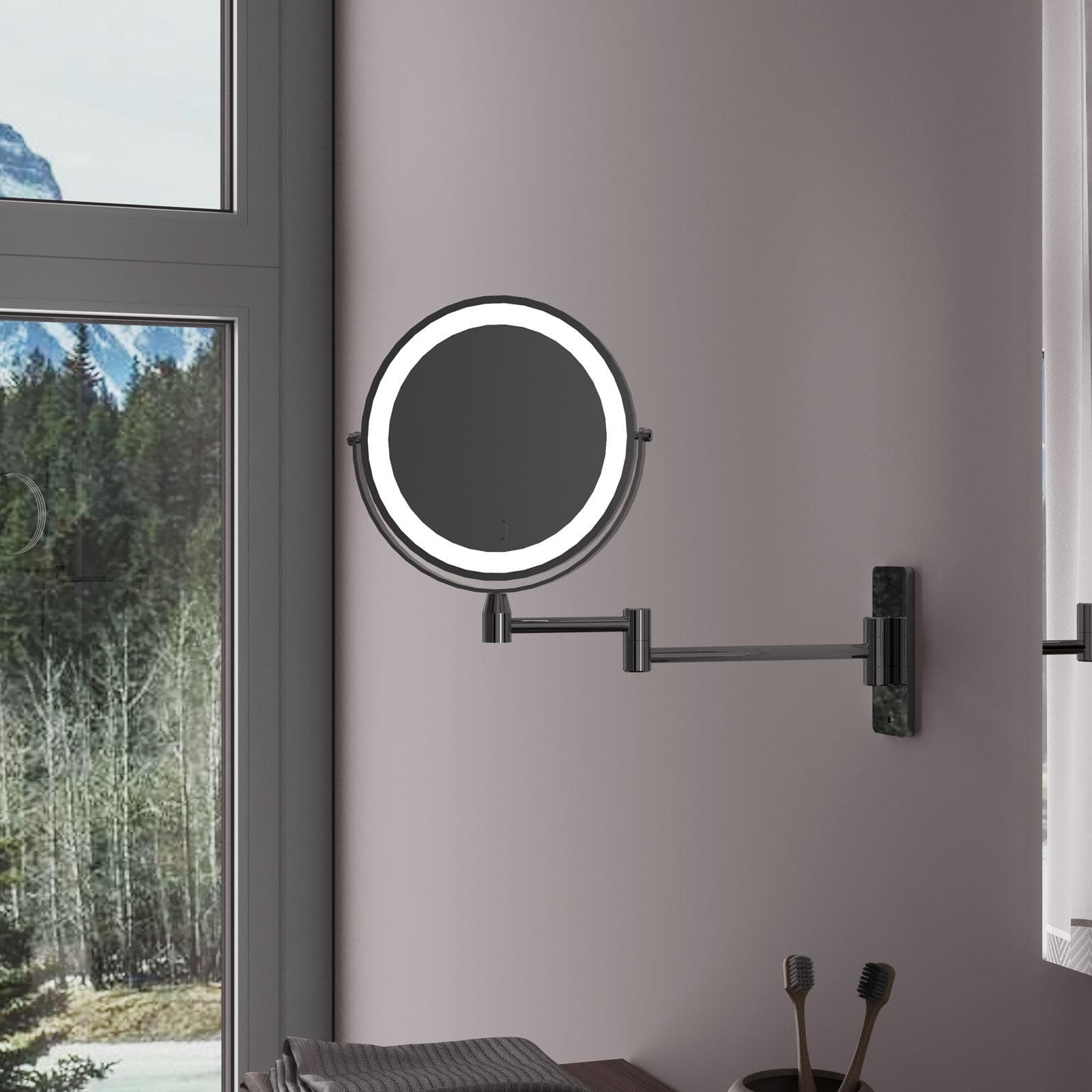 Specchio da trucco led Ø 17,5 cm ingranditore con supporto a muro estensibile - Dorian