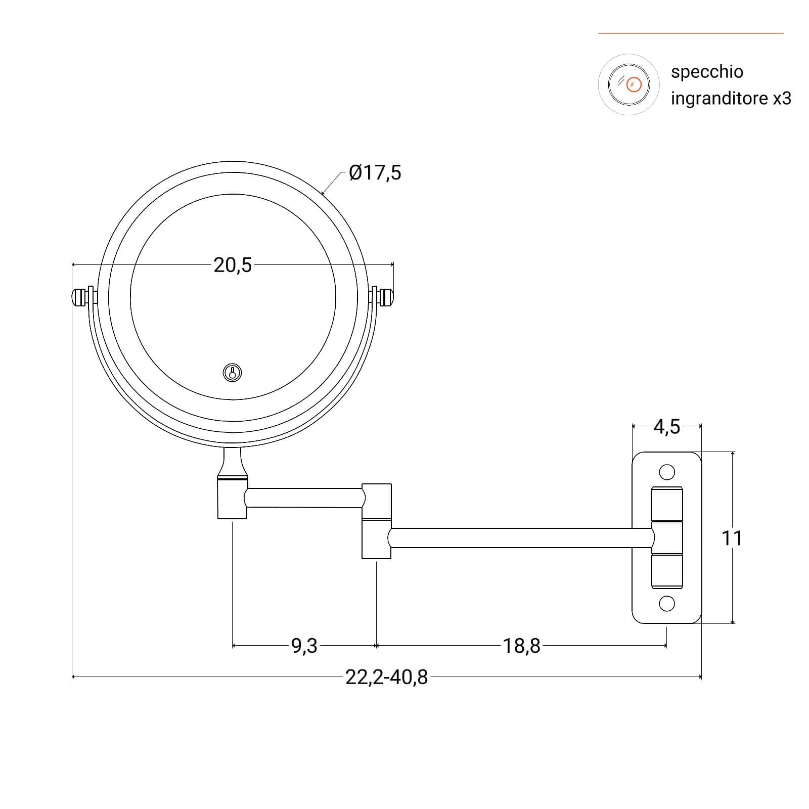 Specchio da trucco led Ø 17,5 cm ingranditore con supporto a muro estensibile - Dorian