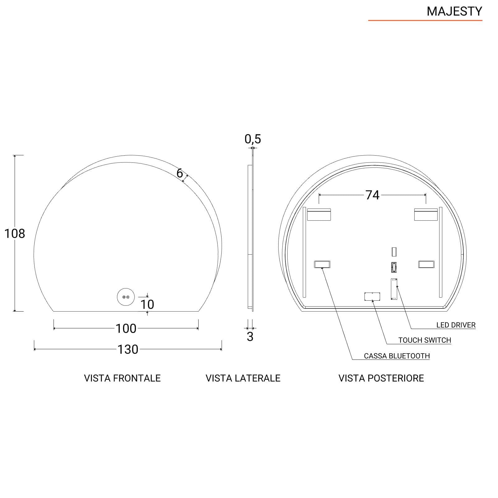 Specchio led 130 x 108 cm con bluetooth e accensione touch - Majesty