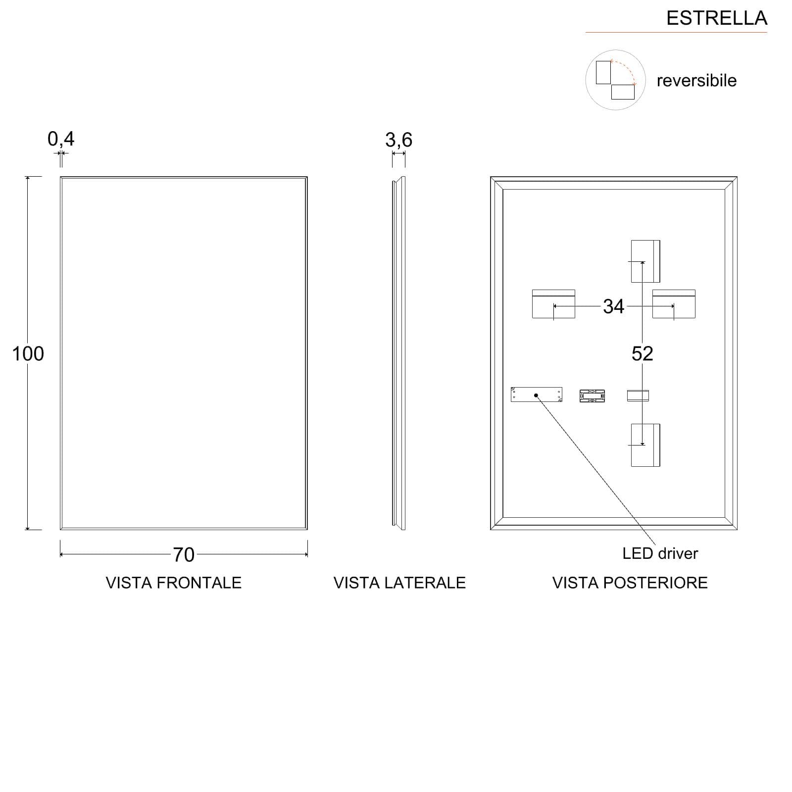 Specchio led 100 x 70 cm reversibile nero opaco retroilluminato - Estrella