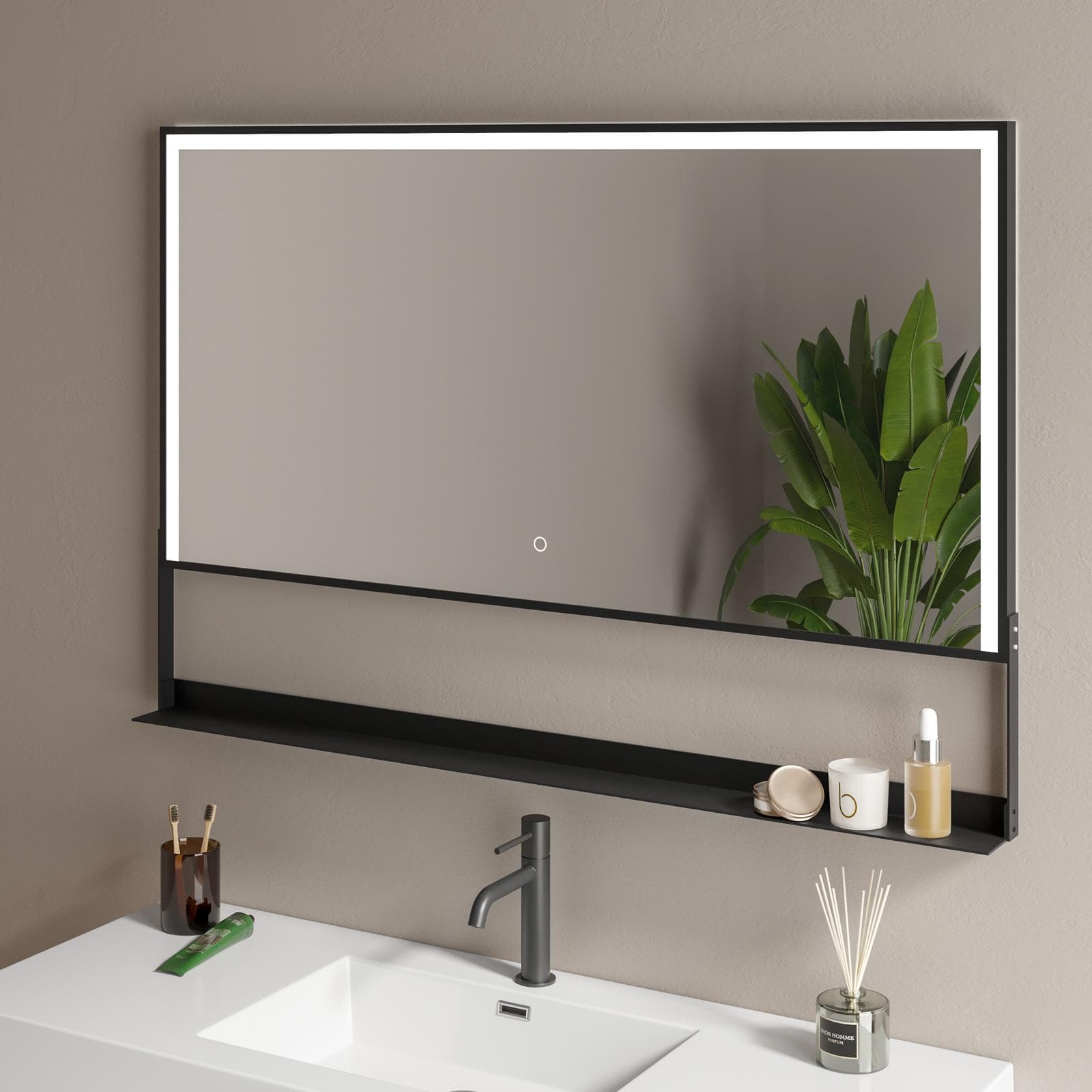Specchio led 120x80 cm luce fredda con mensola e accensione touch nero - Safir