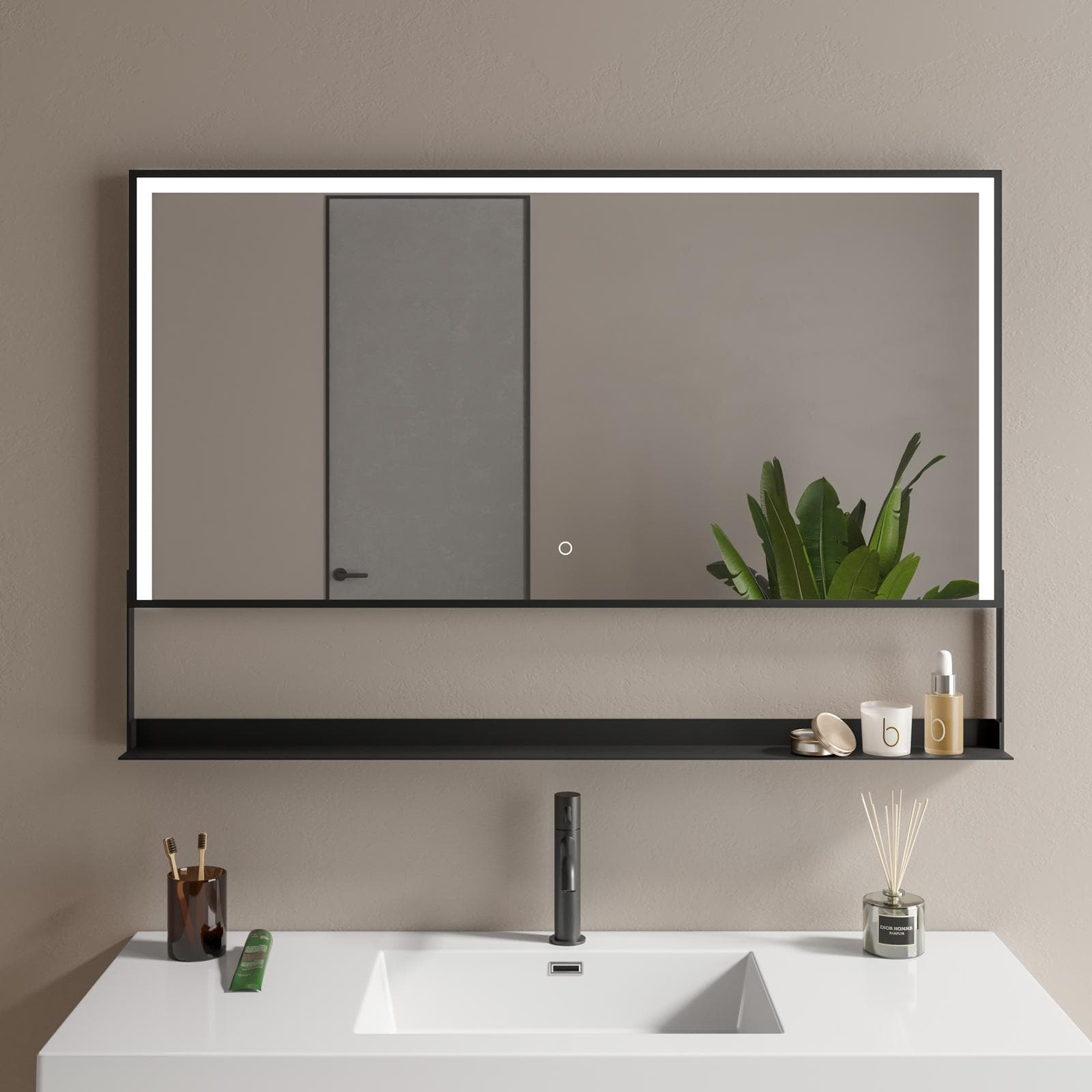 Specchio led 120x80 cm luce fredda con mensola e accensione touch nero - Safir