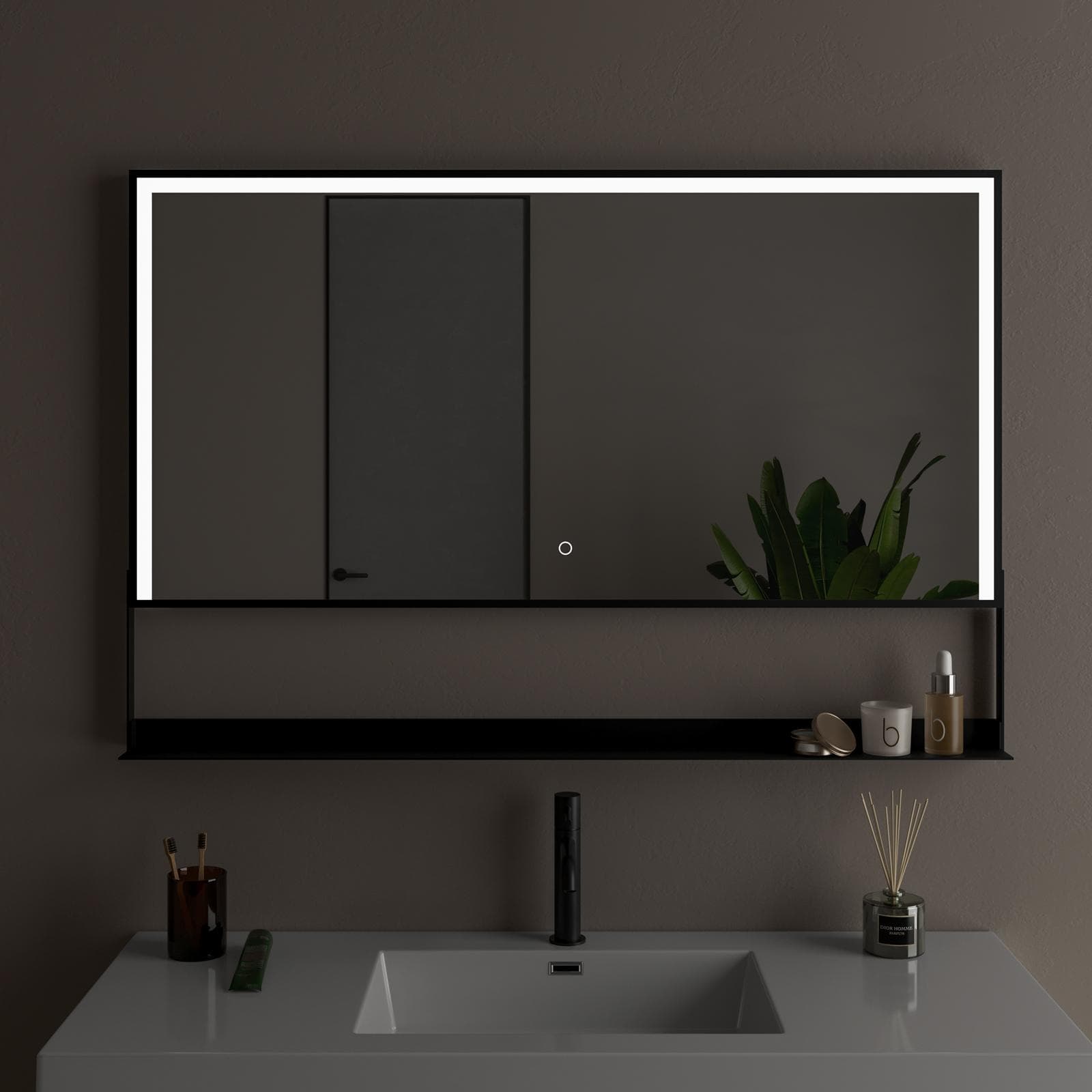 Specchio led 120x80 cm luce fredda con mensola e accensione touch nero - Safir