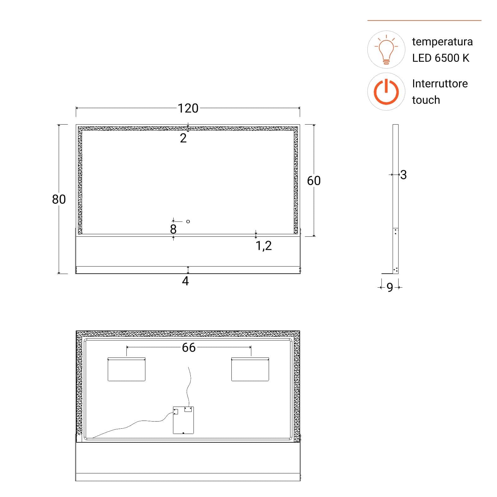 Specchio led 120x80 cm luce fredda con mensola e accensione touch nero - Safir